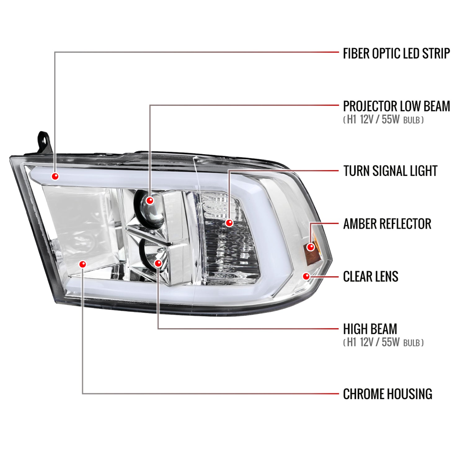 2009-2018 Dodge RAM 1500 / RAM 2500 3500 LED C-Bar Headlights Chrome