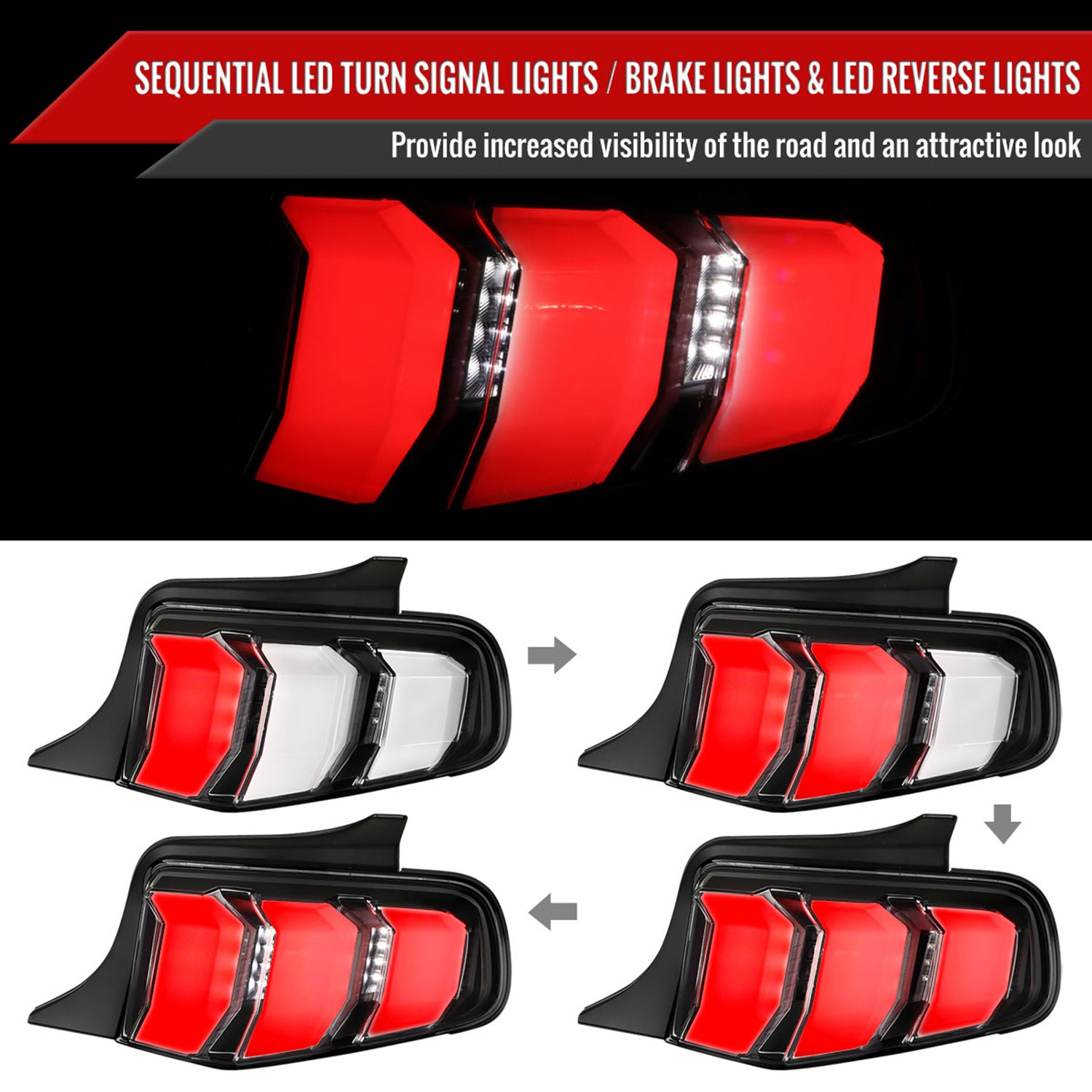 2010-2012 Ford Mustang Sequential LED Tail Lights Matte Black/Clear Lens