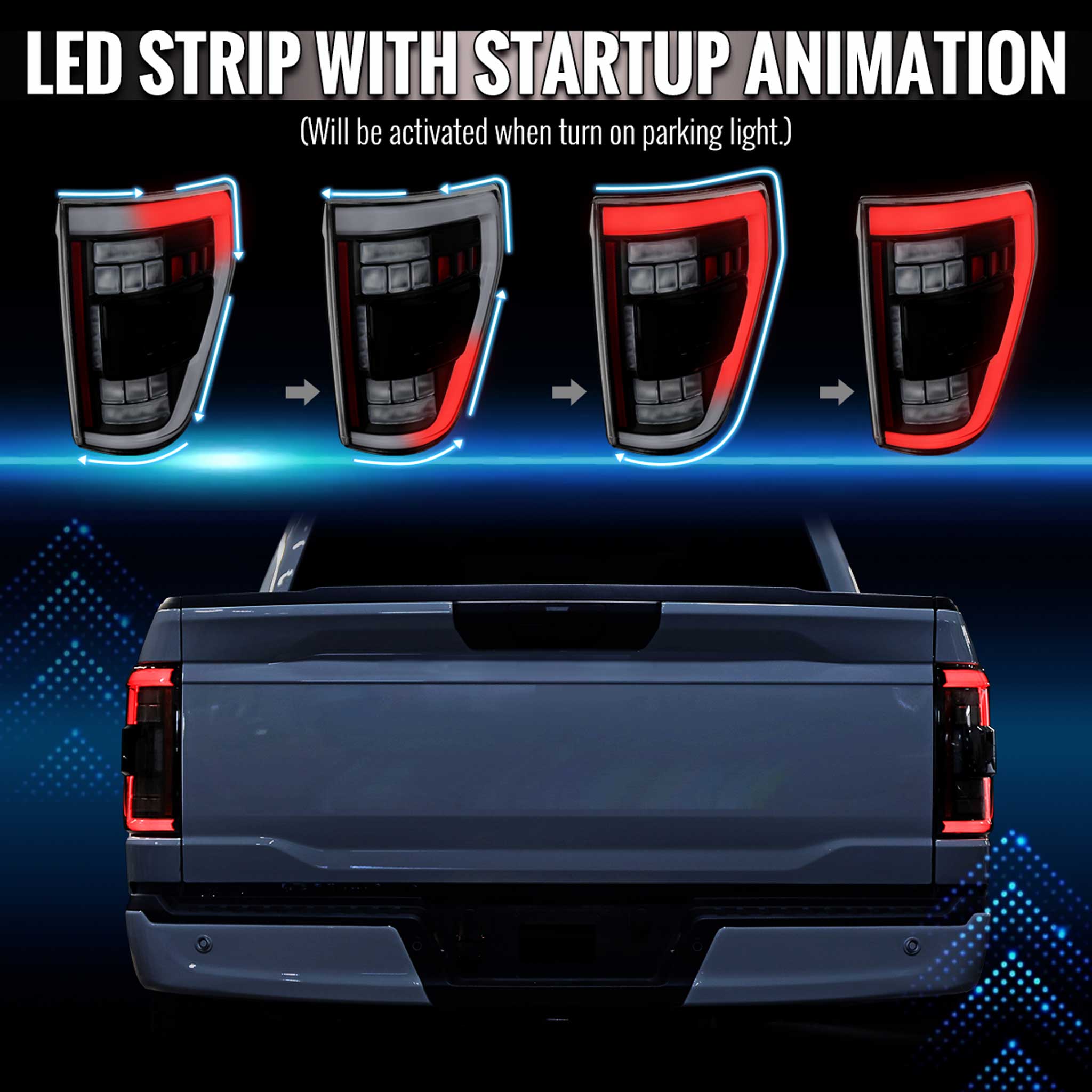 For Ford F-150 2021-2023 Full LED Tail Light Halogen Bulb Blind Spot Model Black Housing White Light Bar