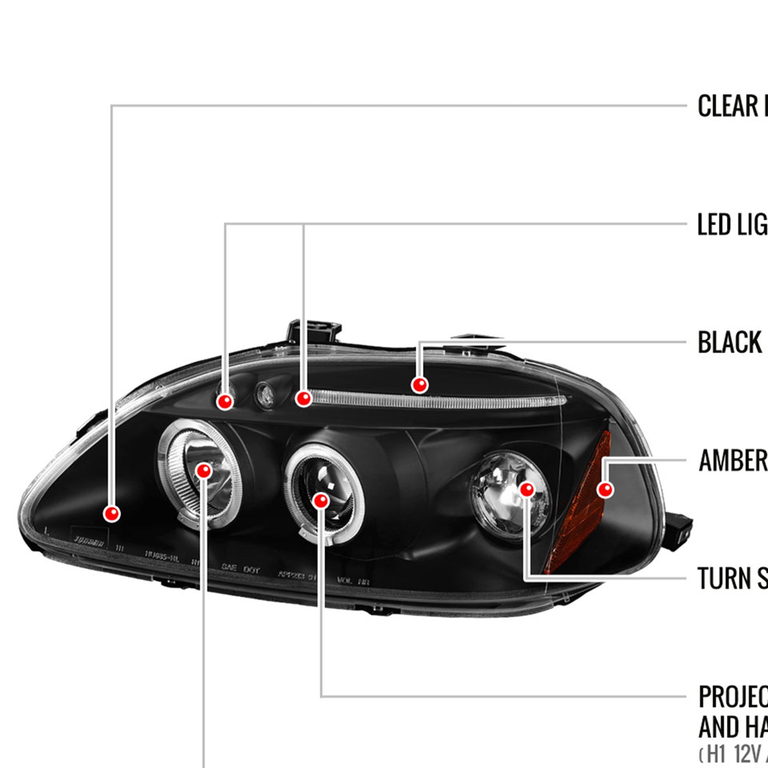 1996-1998 Honda Civic Dual Halo Projector Headlights Matte Black/Clear Lens