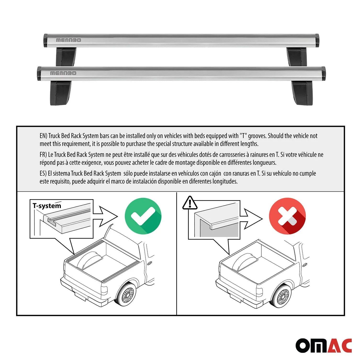 Menabo Truck Bed Rack Aluminum Pick Up Ladder Rack Silver 2Pcs