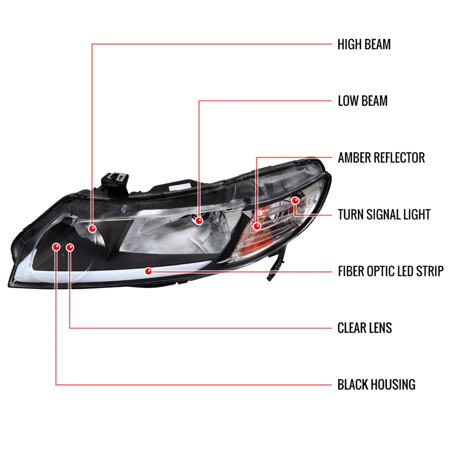 2006-2011 Honda Civic 4DR Sedan Factory Headlights LED Strip Matt Black/Clear