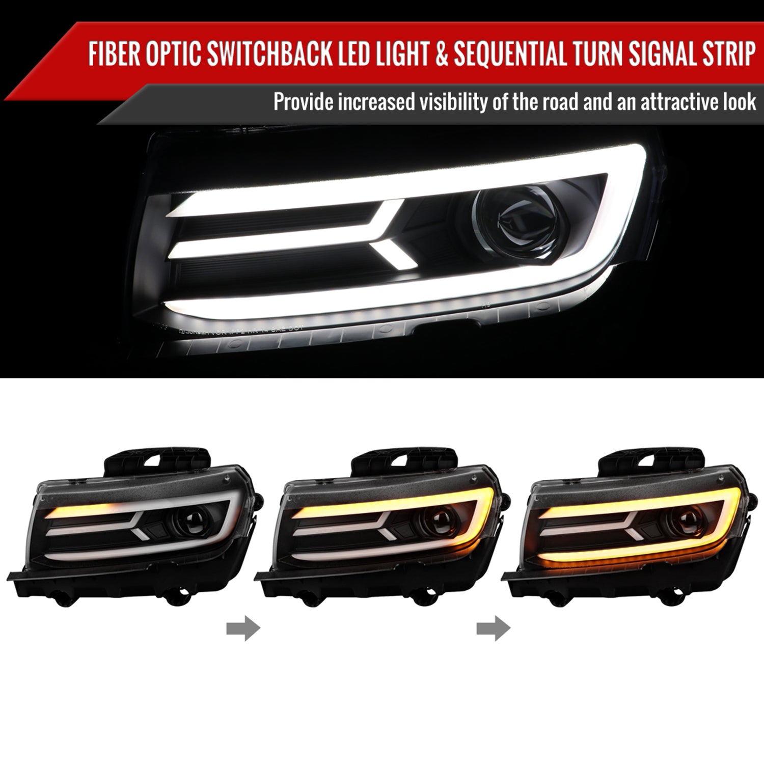 2014-2015 Chevy Camaro LED Projector Headlights Turn Signal Lights Matte Black