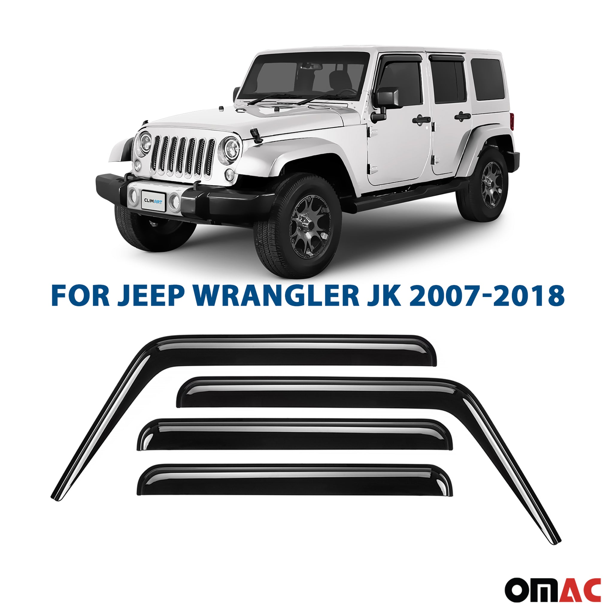 Clim Art Wind Deflectors for Jeep Wrangler JK 2007-2018 Shatterproof Smoke 4 Pcs