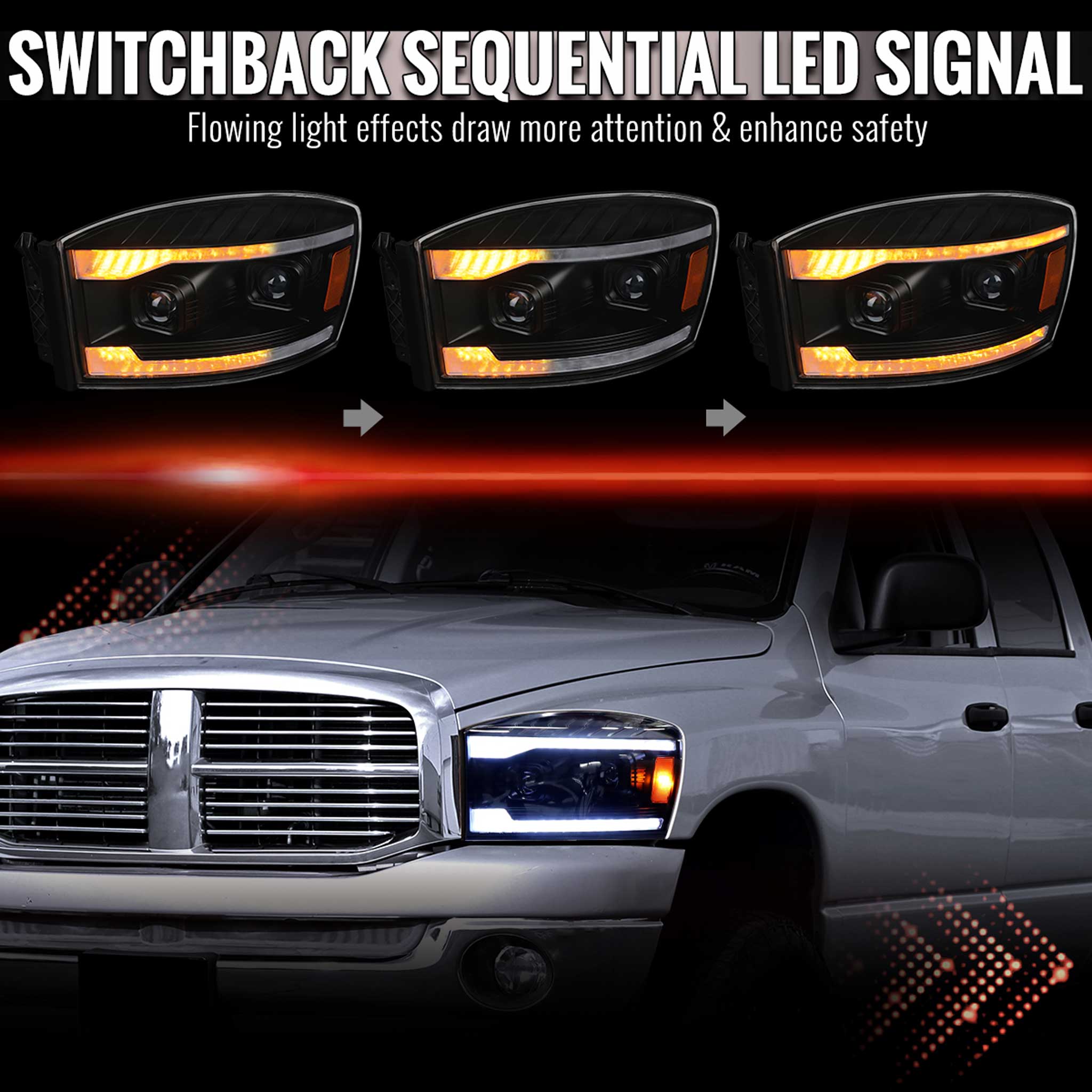 For Dodge RAM 1500 2006-08 / RAM 2500 3500 2006-09 Headlights LED Strip Turn Signals DRL Startup Animation Black Housing Clear Lens
