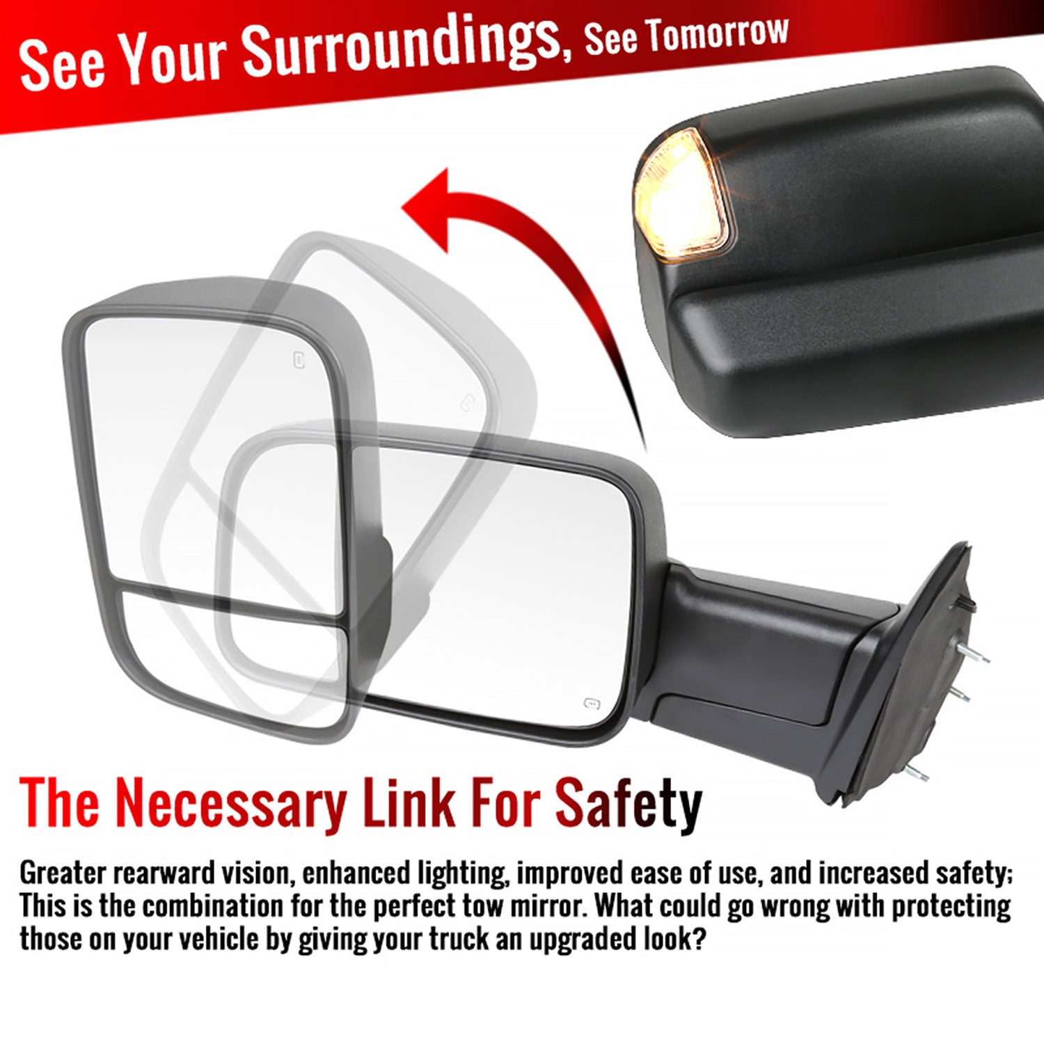 2009-2012 Dodge RAM 1500 Foldable Heated & Manual Towing Side Mirrors Clear