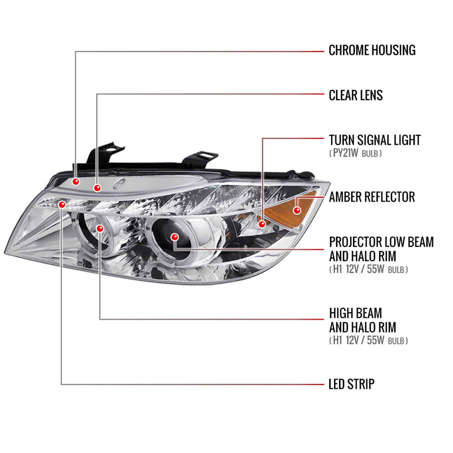2006-2008 BMW E90 3 Series Sedan Dual Halo Headlights LED Light Chrome