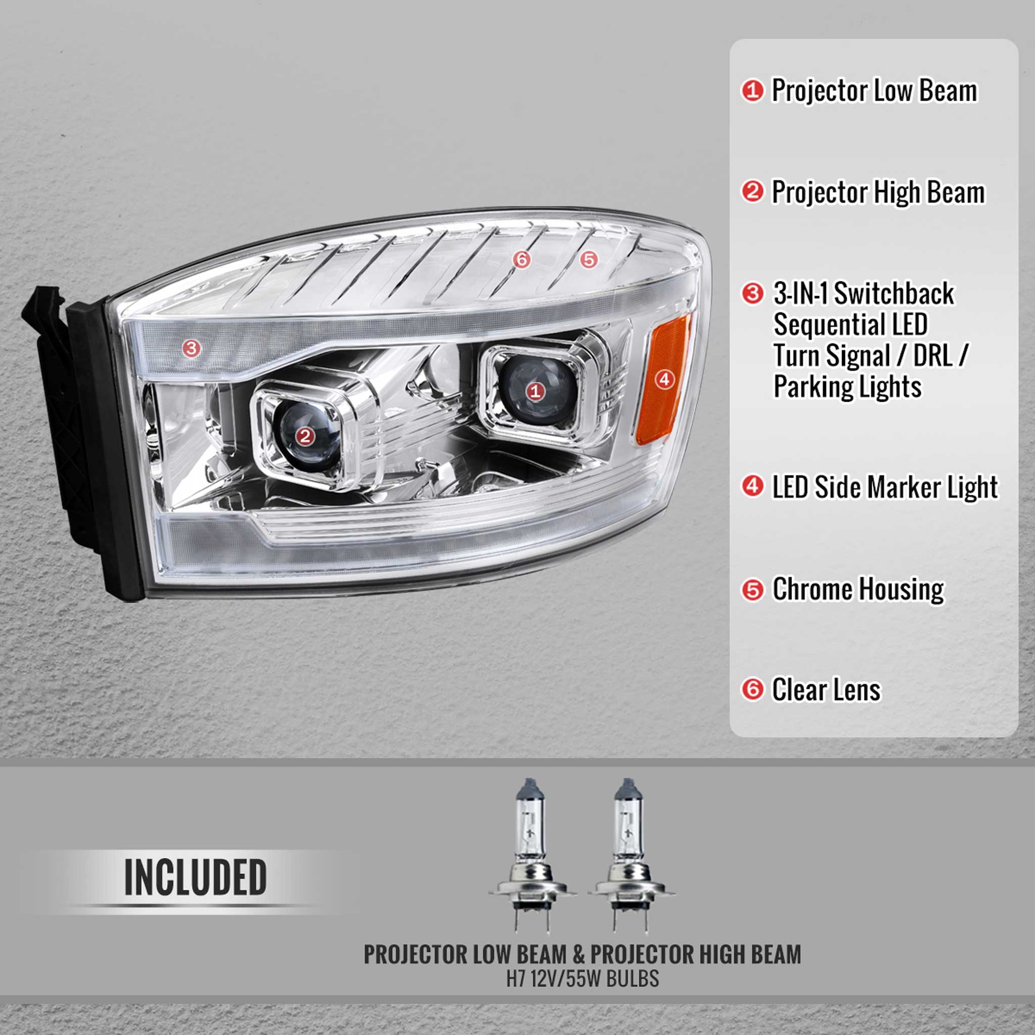 For Dodge RAM 1500 2006-08 / RAM 2500 3500 2006-09 Headlights Switchback LED Strips Turn Signals DRL Chrome Housing Lens