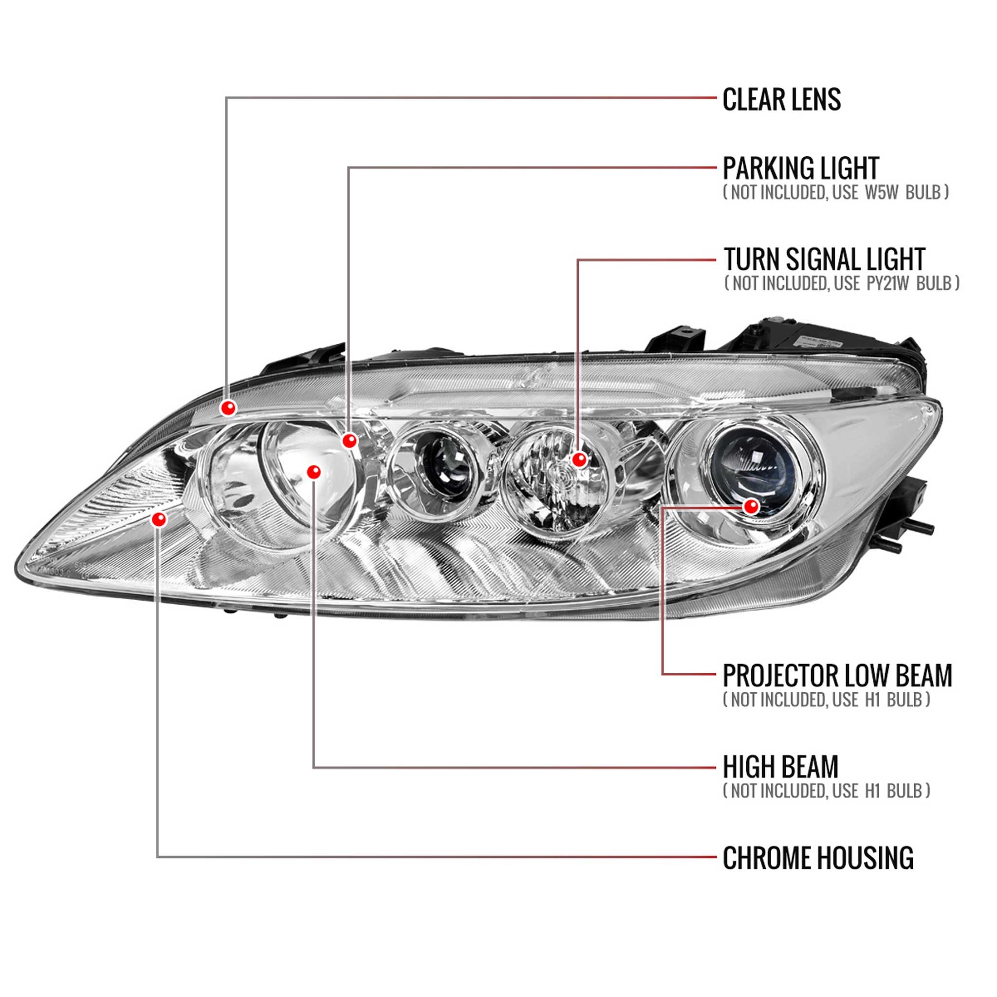 For Mazda 6 2003-2005 Factory Style Projector Headlights Chrome Housing Clear Lens