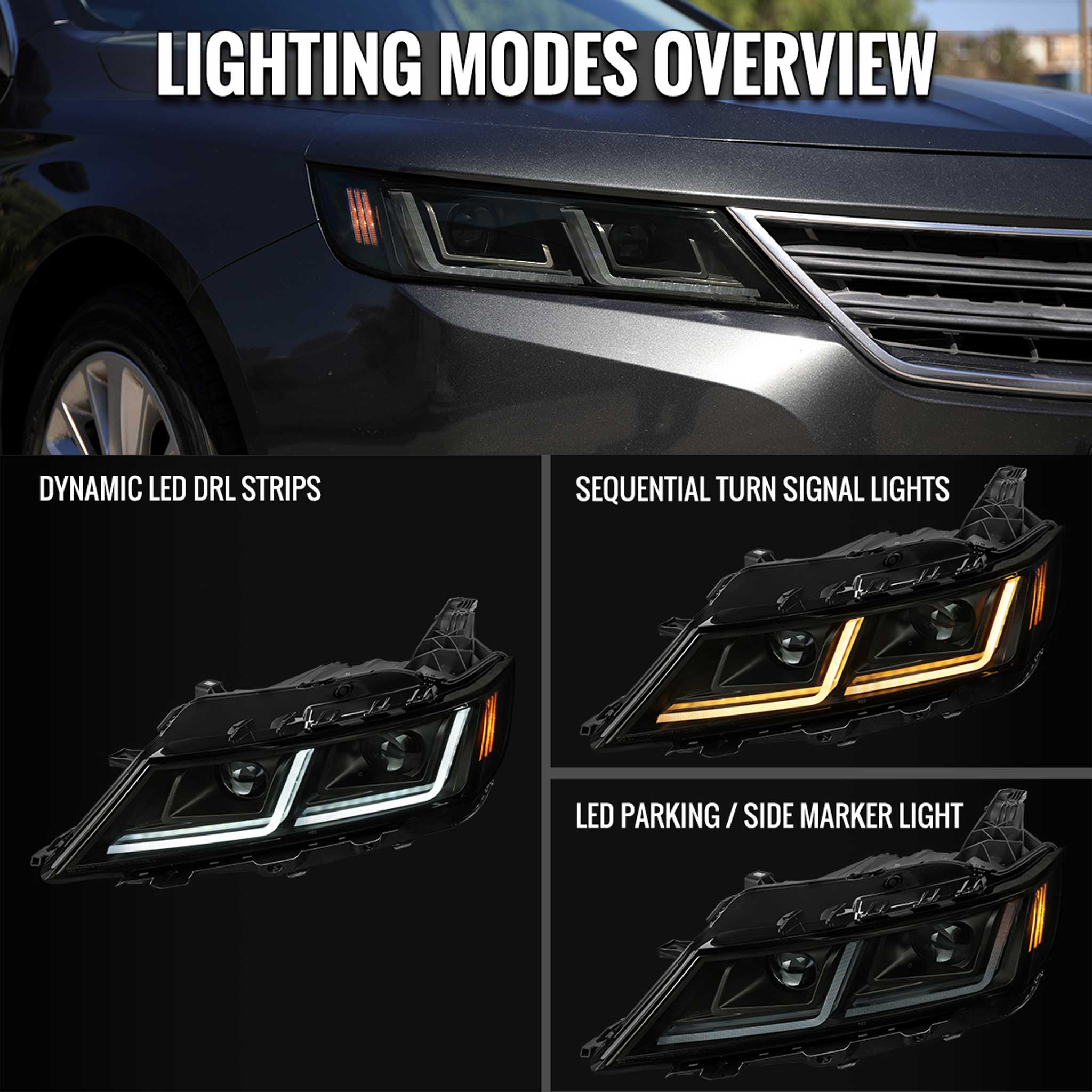For Chevrolet Impala 2014-2020 LED DRL Sequential Project Headlights Black Housing Smoked Lens