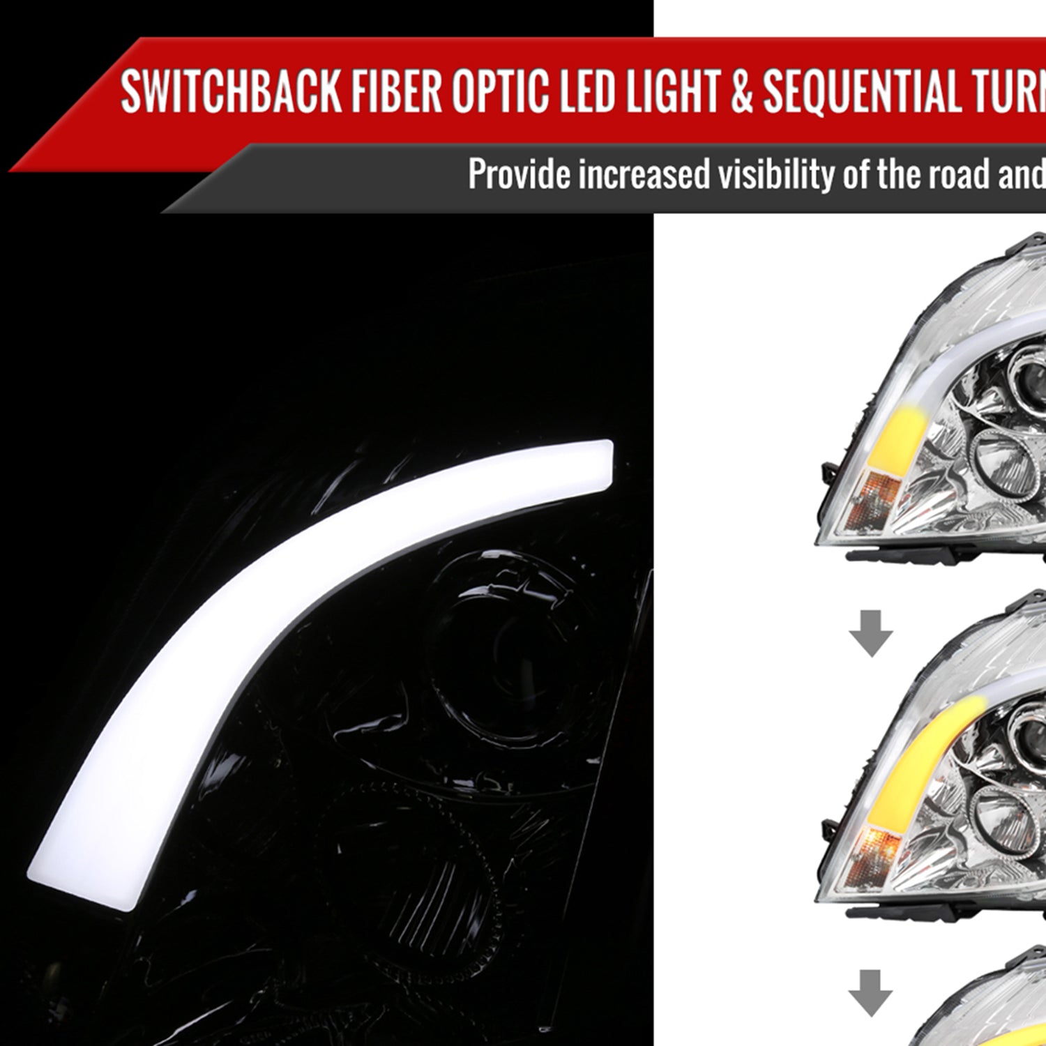 2008-2014 Cadillac CTS Sequential LED Bar Projector Headlights Chrome