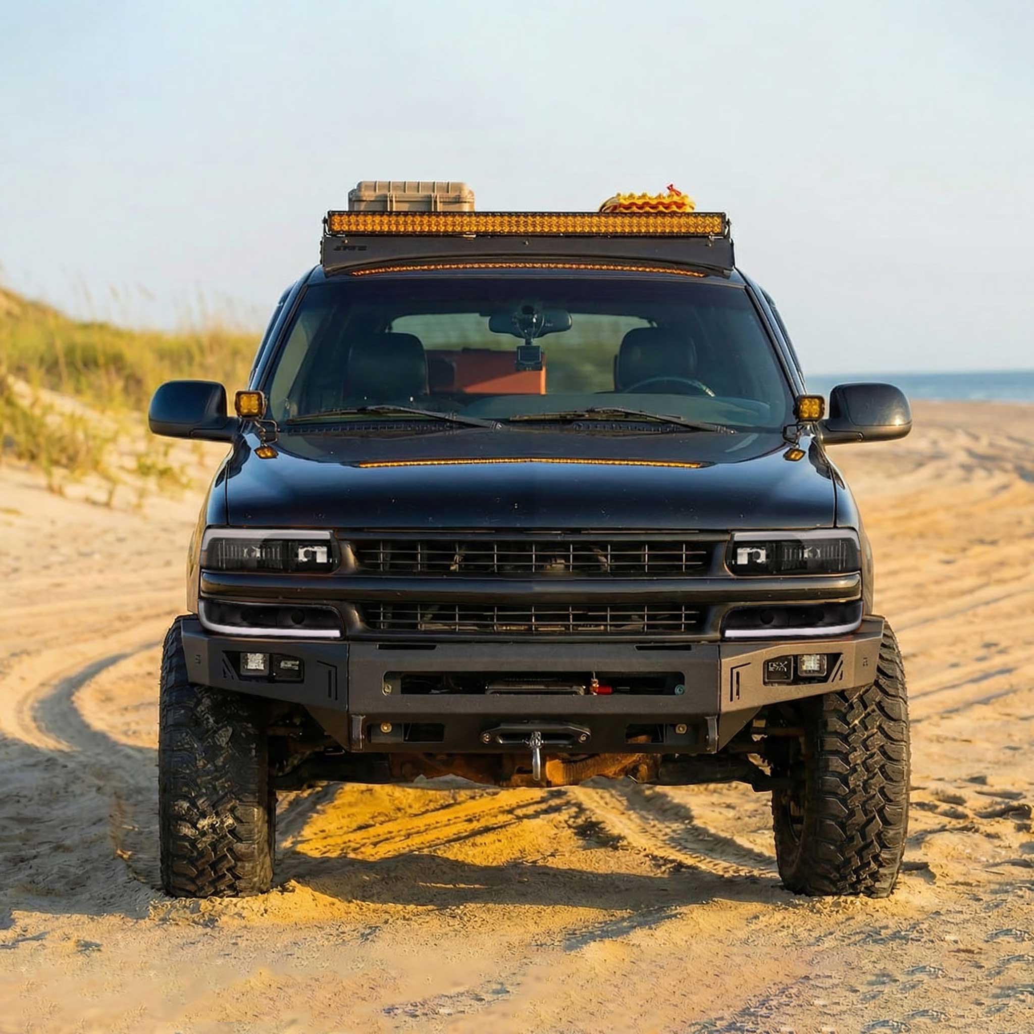For Chevrolet Silverado Tahoe Suburban 1999-2002 LED Bar Style Headlights Bumper Light Matte Black Housing Clear Lens