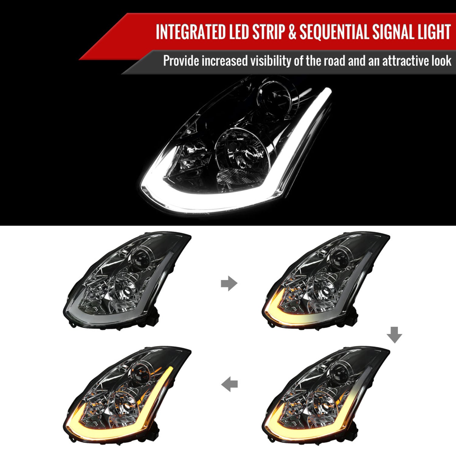 2003-2007 Infiniti G35 Coupe LED Bar Projector Headlights Turn Signals Smoke