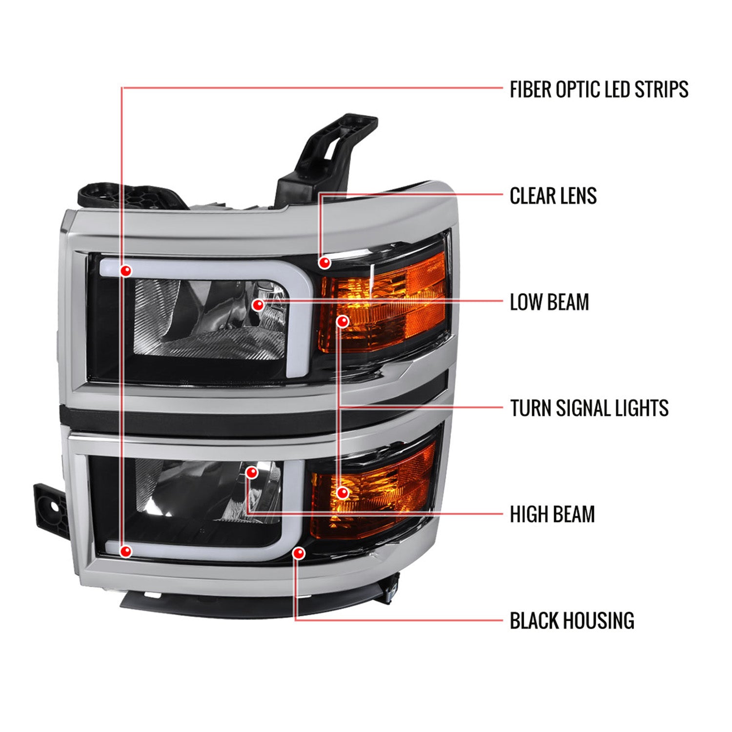 2014-2015 Chevy Silverado 1500 LED Bar Factory Headlights Matt Black/Clear