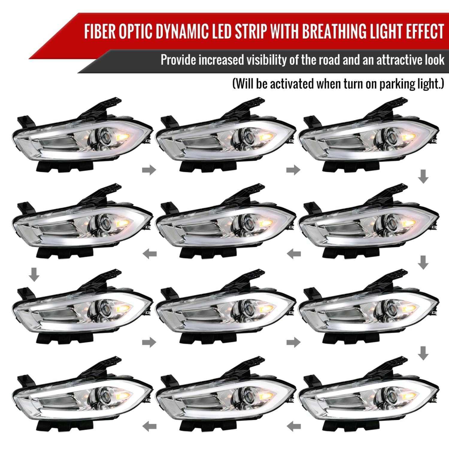 2013-2016 Dodge Dart Sequential Animated LED Bar Projector Headlights Chrome