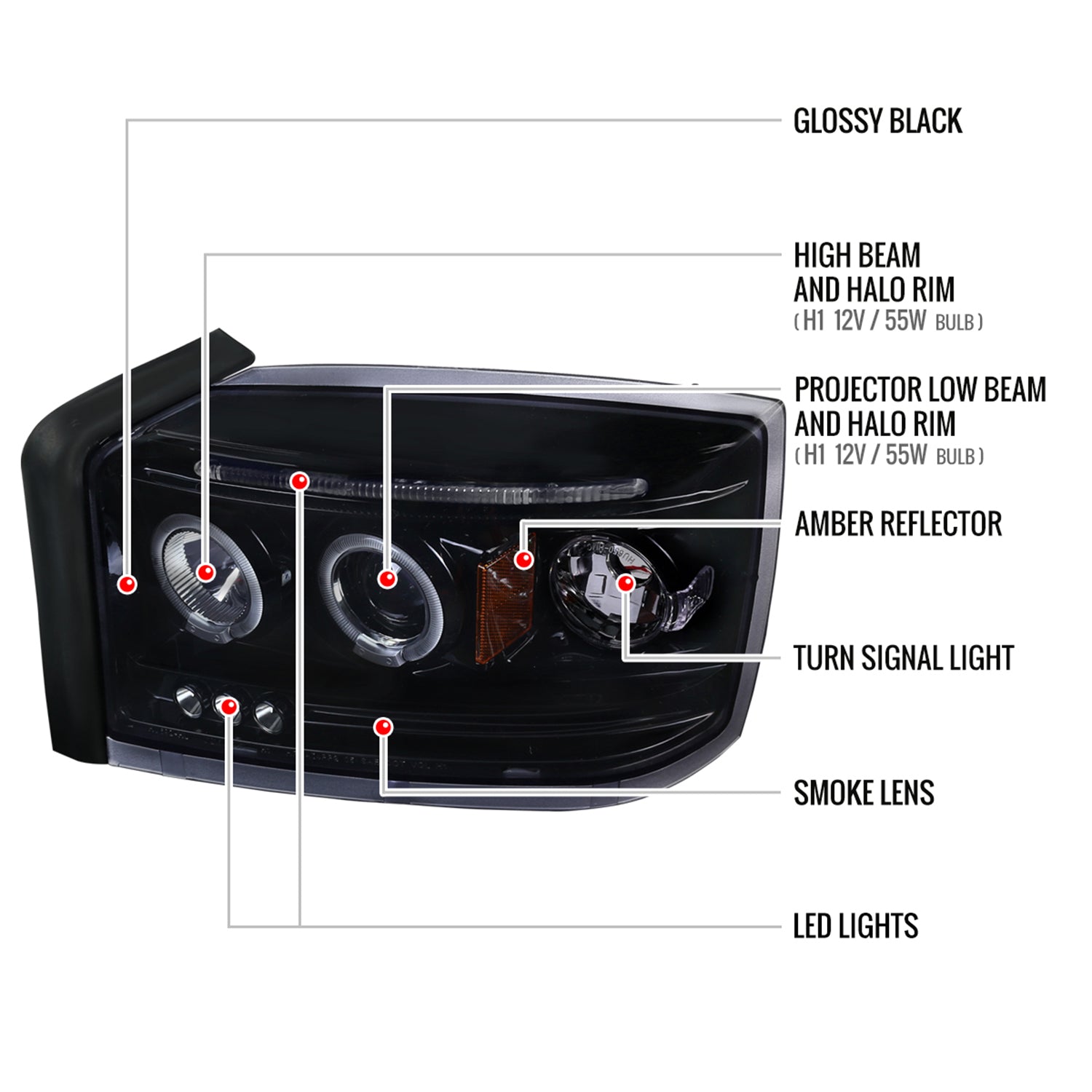 2005-2007 Dodge Dakota Dual Halo Projector Headlights Glossy Black/Smoke Lens