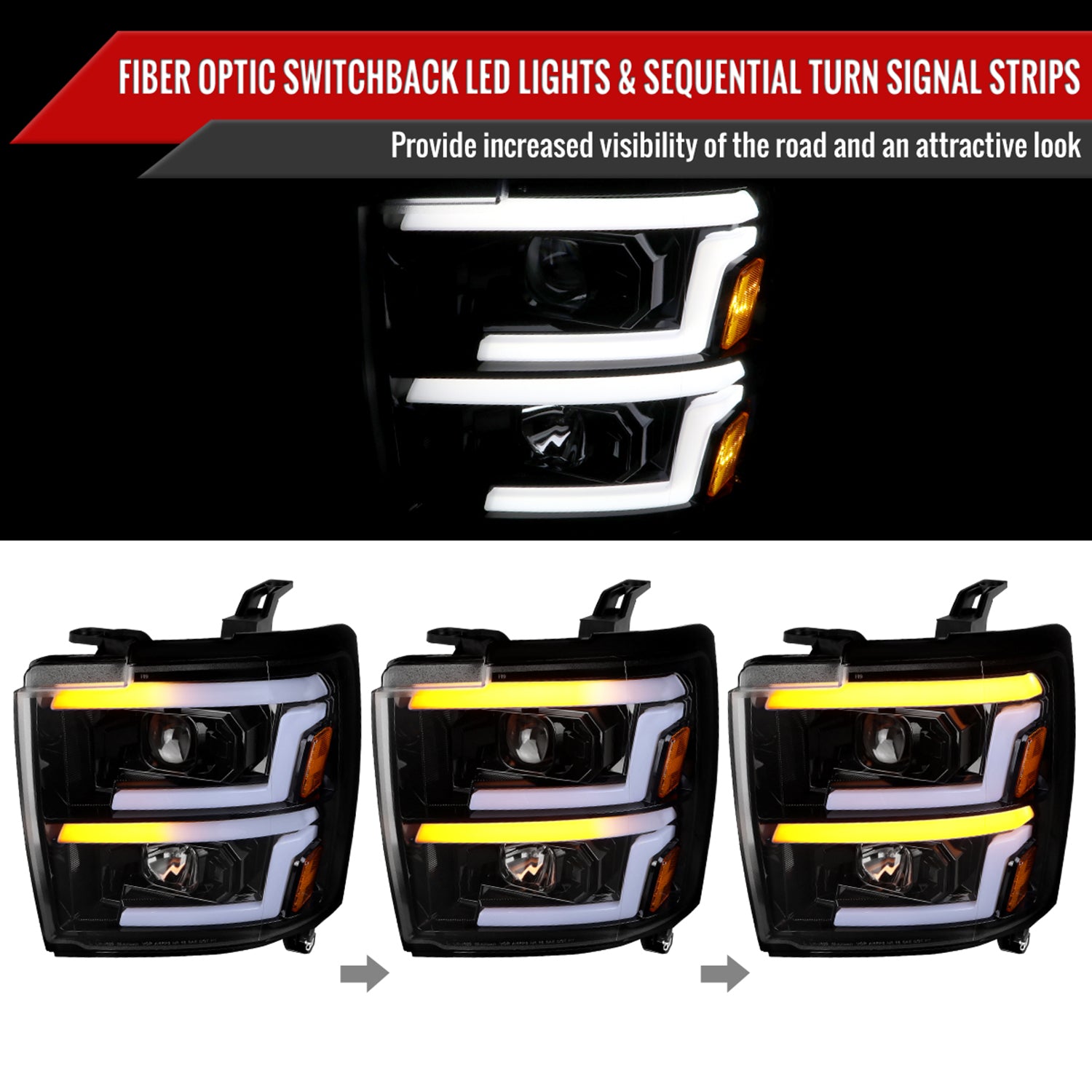 2015-2019 Chevy Silverado 2500HD/3500HD LED Signal Projector Headlights Smoke