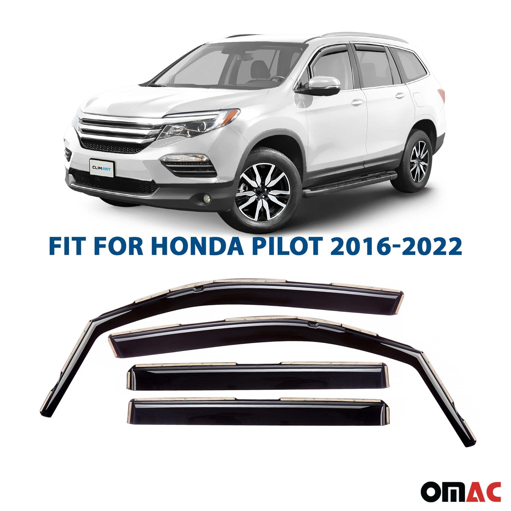 Clim Art Wind Deflectors for Honda Pilot 2016-2022 Shatterproof Dark Smoke 4 Pcs