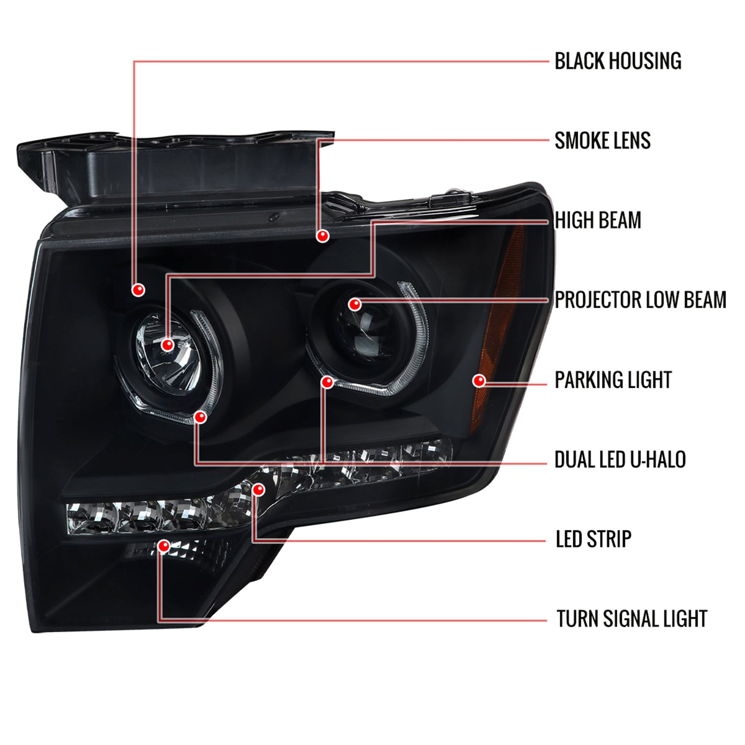 2009-2014 Ford F-150 Dual U-Ring Halo Projector Headlights LED Light Smoke
