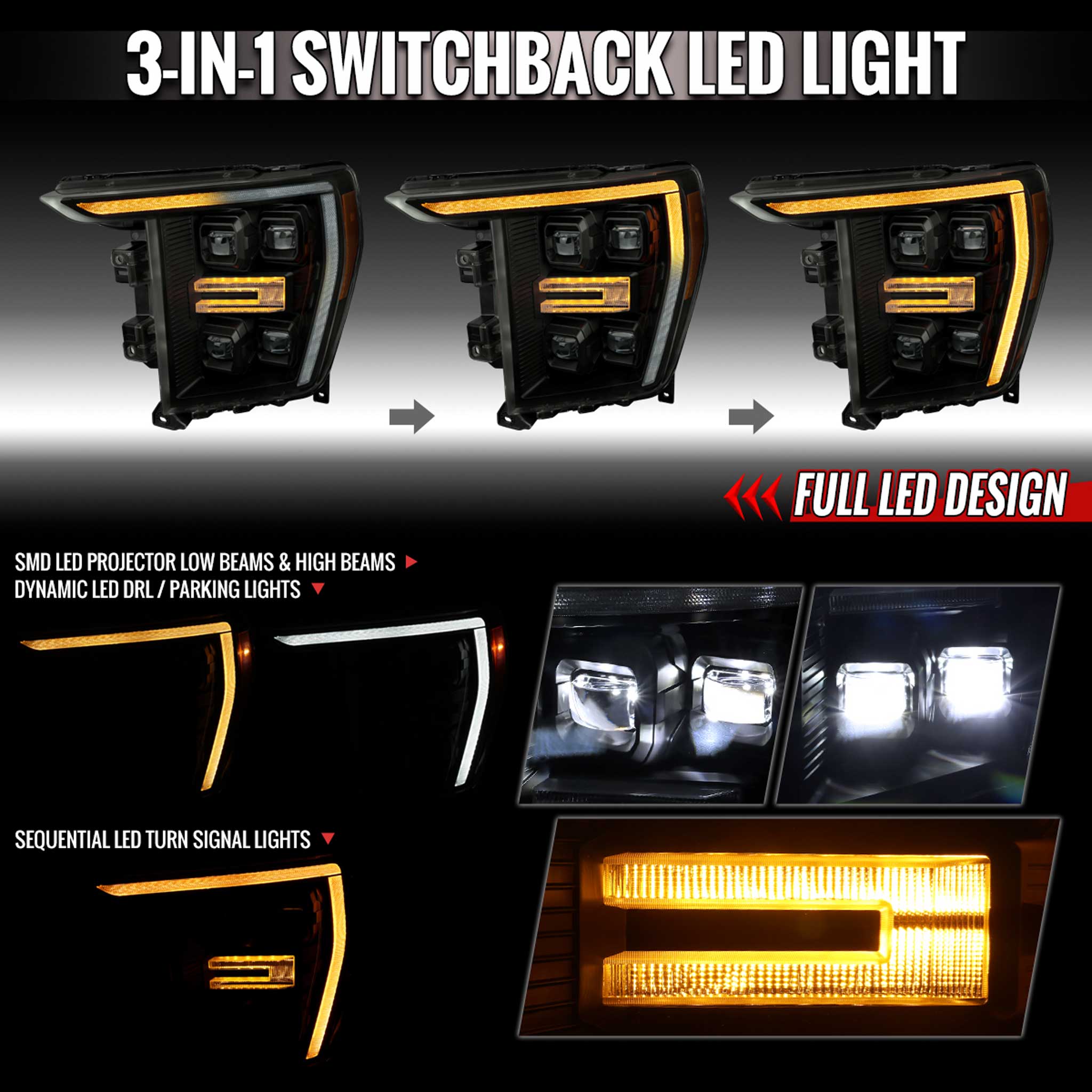 For Ford F-150 2021-2023 Full LED Projector Headlights Sequential DRL Black Housing Smoked Lens