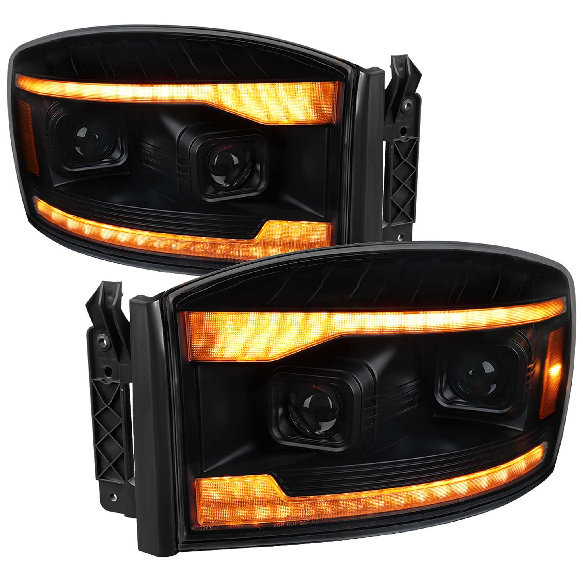 For Dodge RAM 1500 2006-08 / RAM 2500 3500 2006-09 Headlights Switchback Amber LED Strip Turn Signals DRL Black Housing Smoked Lens