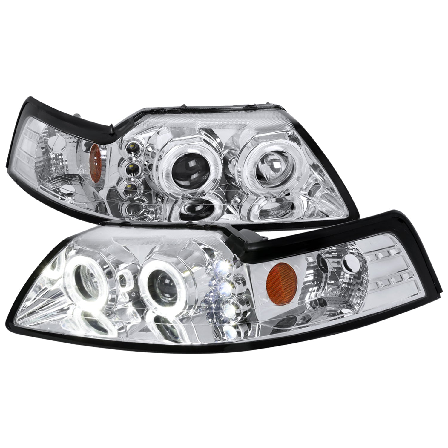 1999-2004 Ford Mustang Dual Halo V2 Projector Headlights Chrome/Clear Lens
