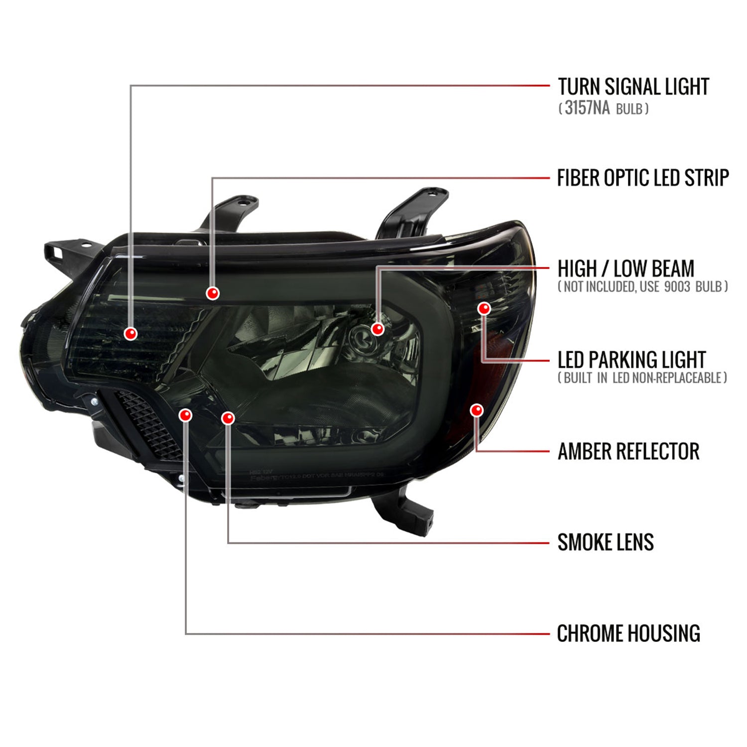 2012-2015 Toyota Tacoma LED Bar Headlights Amber Reflector Chrome/Smoke