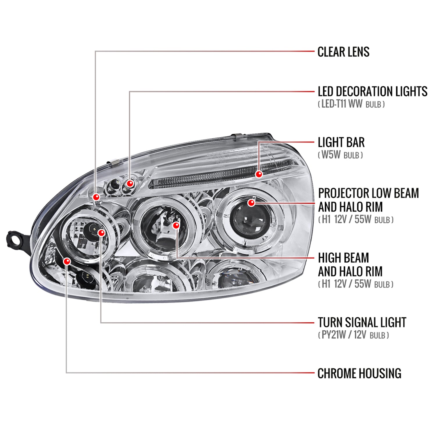 2006-2008 VW Golf Rabbit/ 2006-2010 Jetta Dual Halo Projector Headlights Chrome