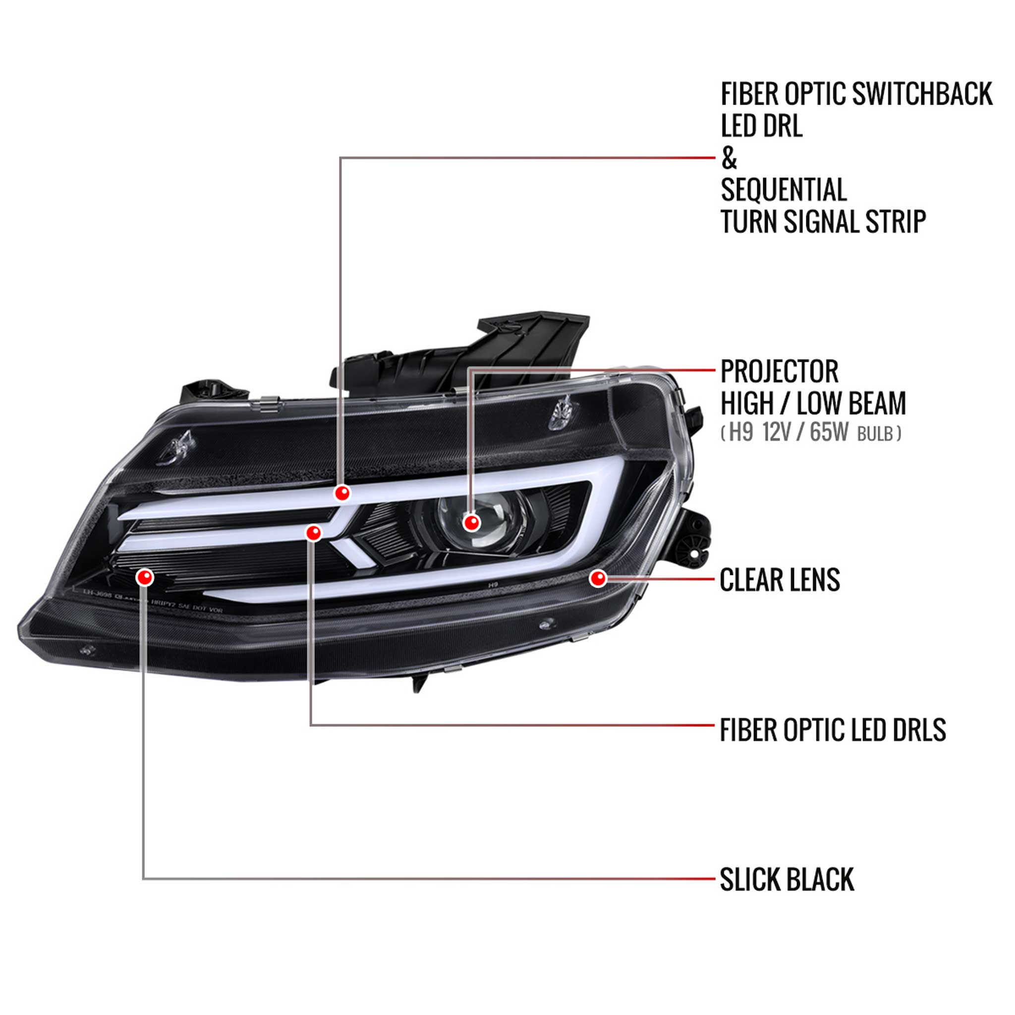 For Chevrolet Camaro 2016-2018 LED Strip Projector Headlights Turn Signal Light Glossy Black Housing Clear Lens