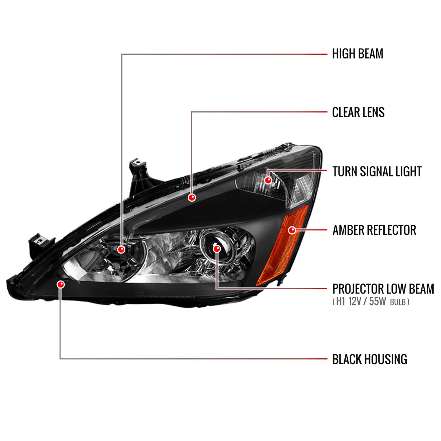 2003-2007 Honda Accord Retro Projector Headlights Amber Reflectors Matt Black