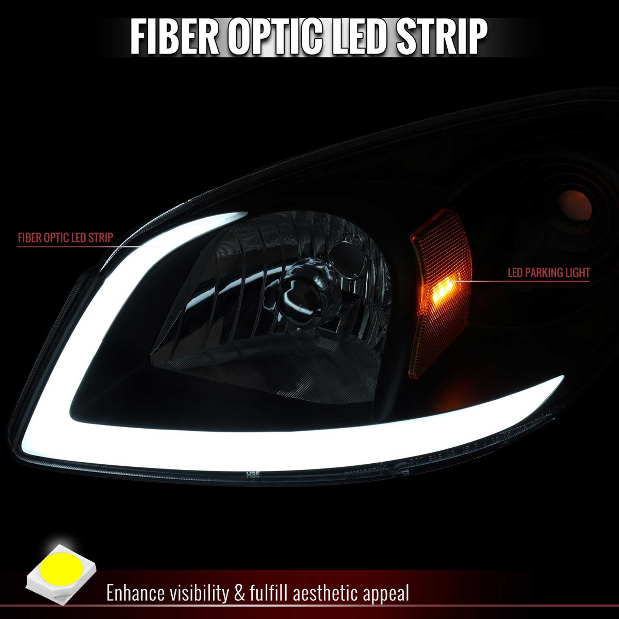 For Chevrolet Cobalt / Pontiac G5 2005-2010 Factory Style Headlights With LED DRL Light Strip Black Housing Smoked Lens