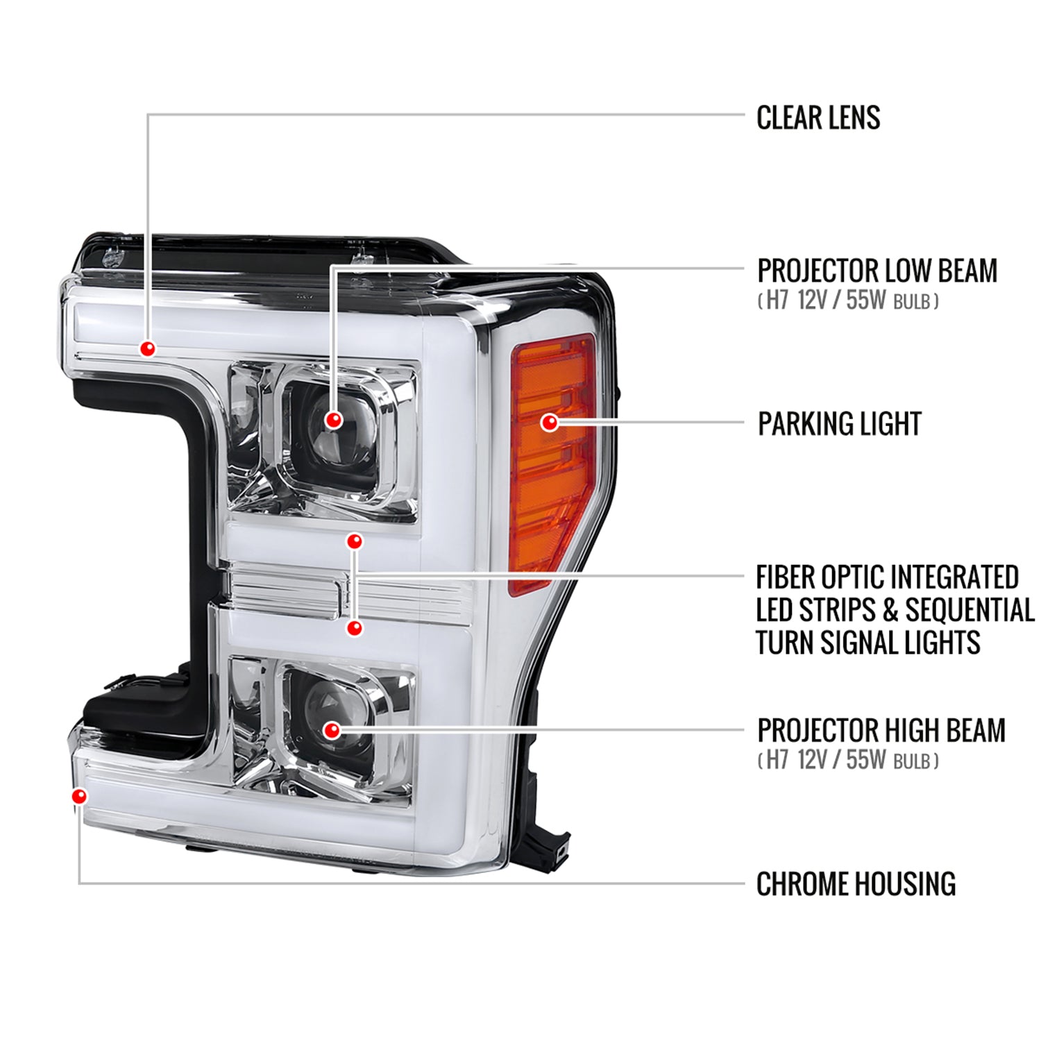2017-2019 Ford F-250 F-350 F-450 F-550 LED C-Bar Headlights Signal Chrome