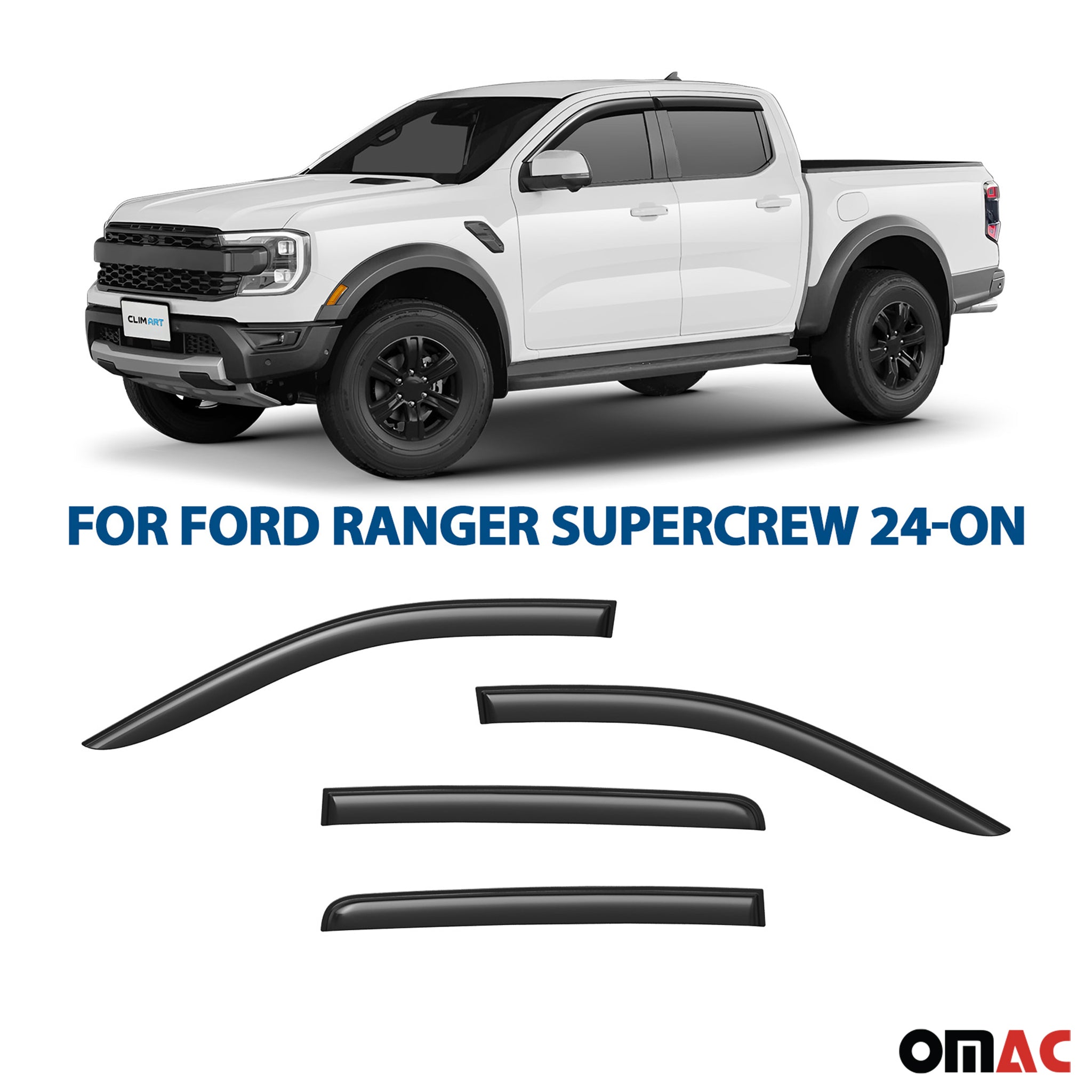 Clim Art Wind Deflectors for Ford Ranger 2024-2025 SuperCrew Tape-On 4 Pcs
