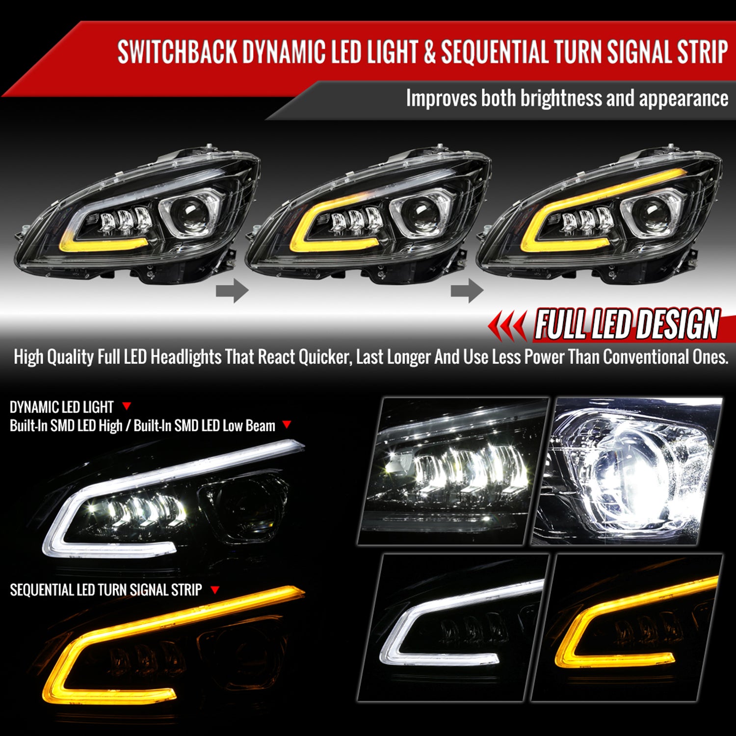 2008-2011 Mercedes Benz W204 C-Class Full LED Projector Headlights Black