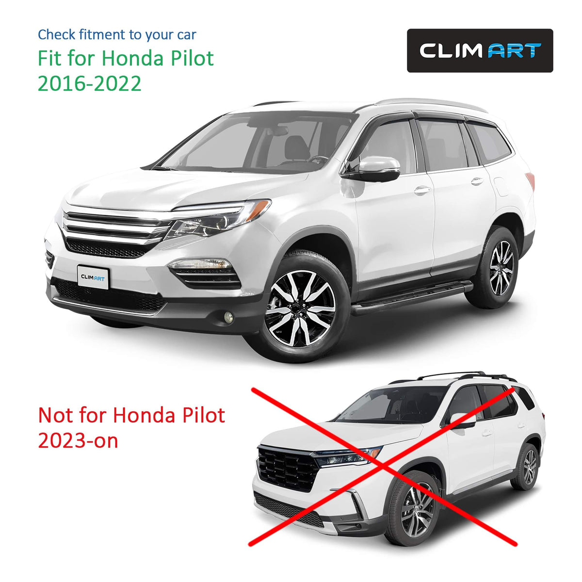 Clim Art Wind Deflectors for Honda Pilot 2016-2022 Tape-On Dark Smoke 6Pcs