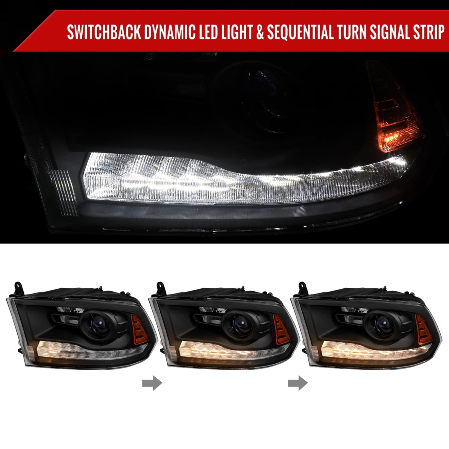 2013-2018 RAM 1500 2500 3500 LED Bar Signal Projector Headlights Black