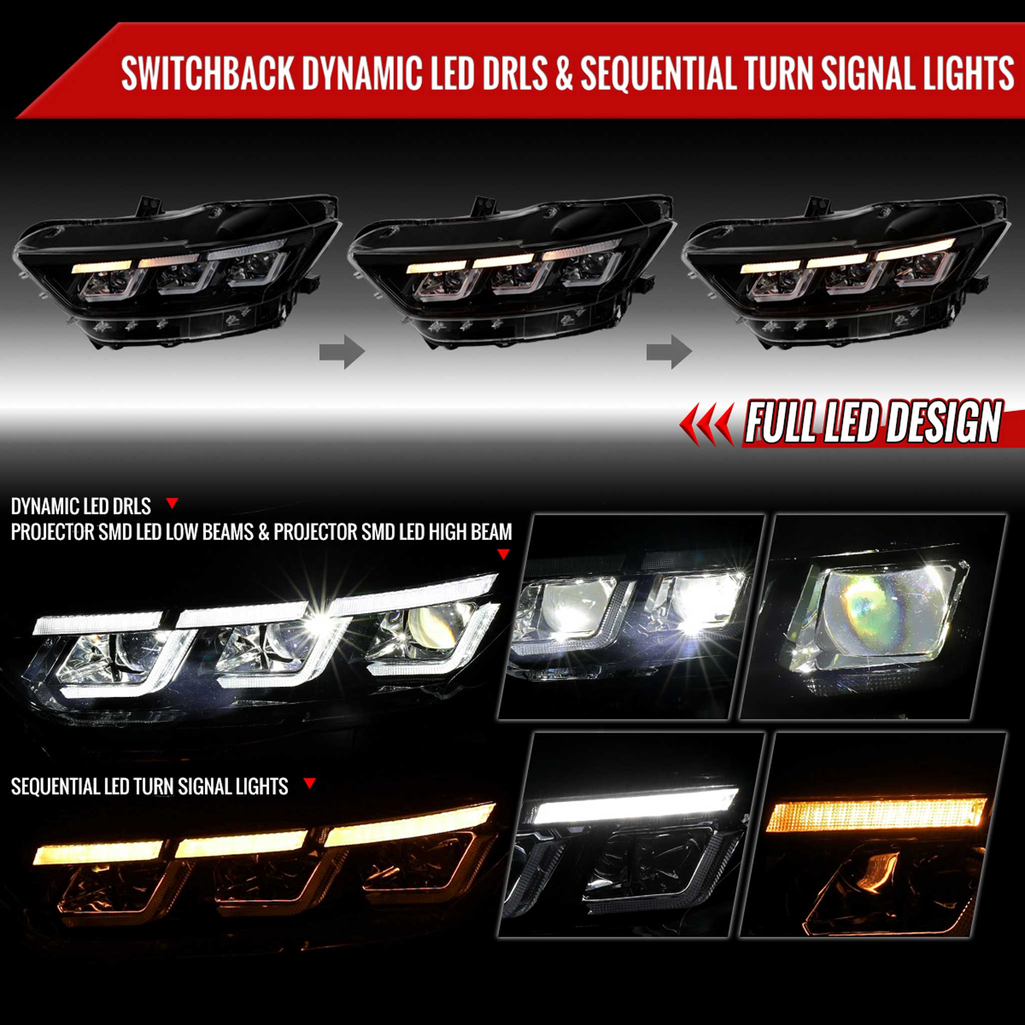 For Ford Mustang 2015-2017 Full LED Projector Headlights Sequential Start-Up Black Clear Lens