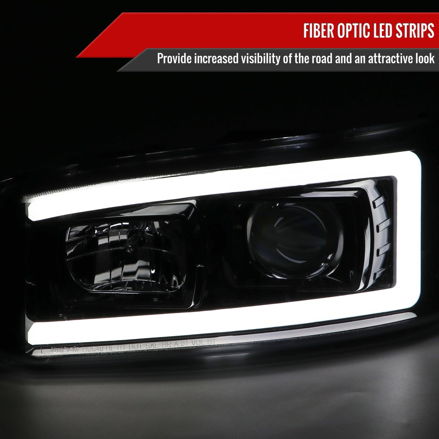 2000-2006 GMC Sierra/Denali/Yukon LED Strip Projector Headlights Glossy Black