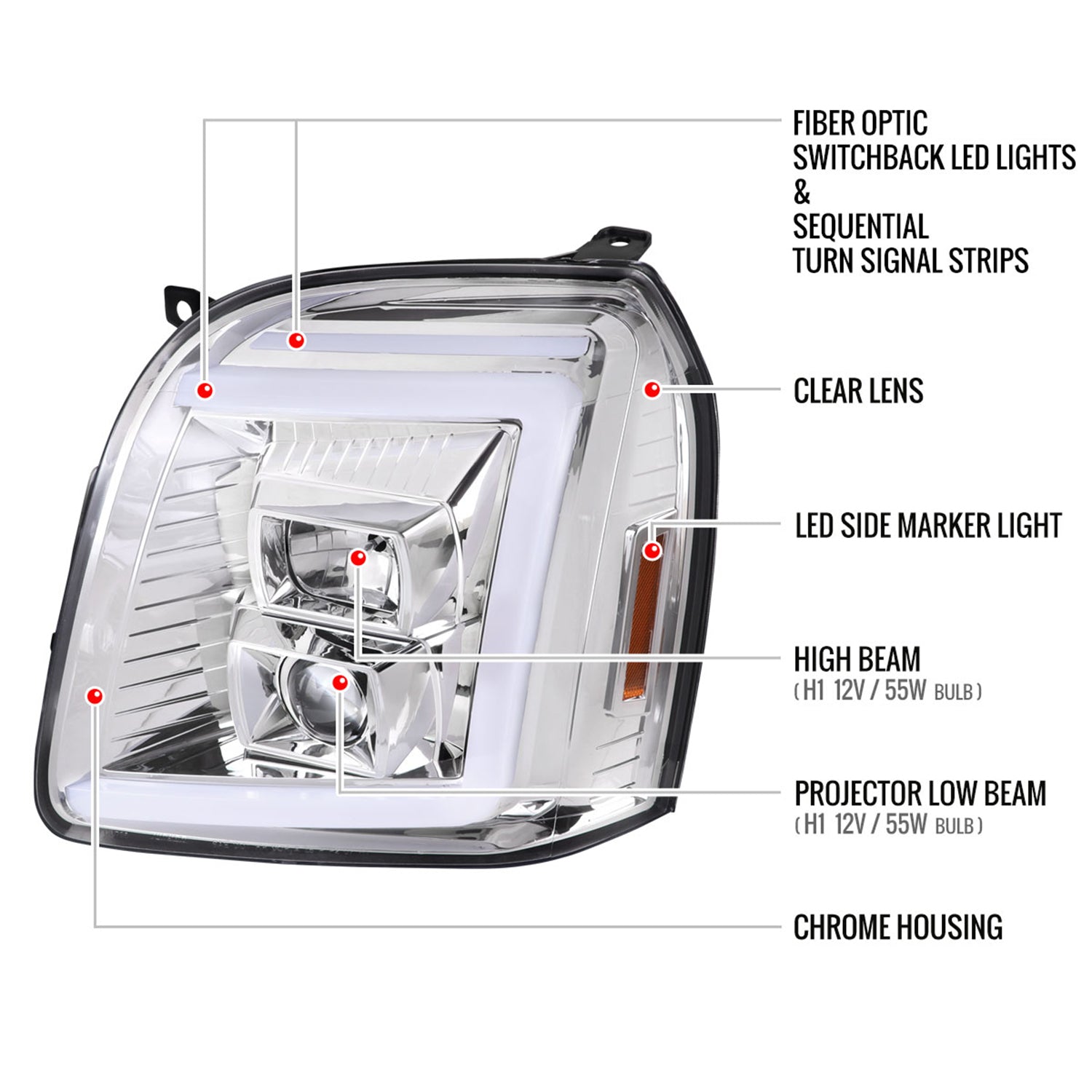 2007-2014 GMC Yukon/XL 1500/XL 2500 LED Signal Projector Headlights Chrome