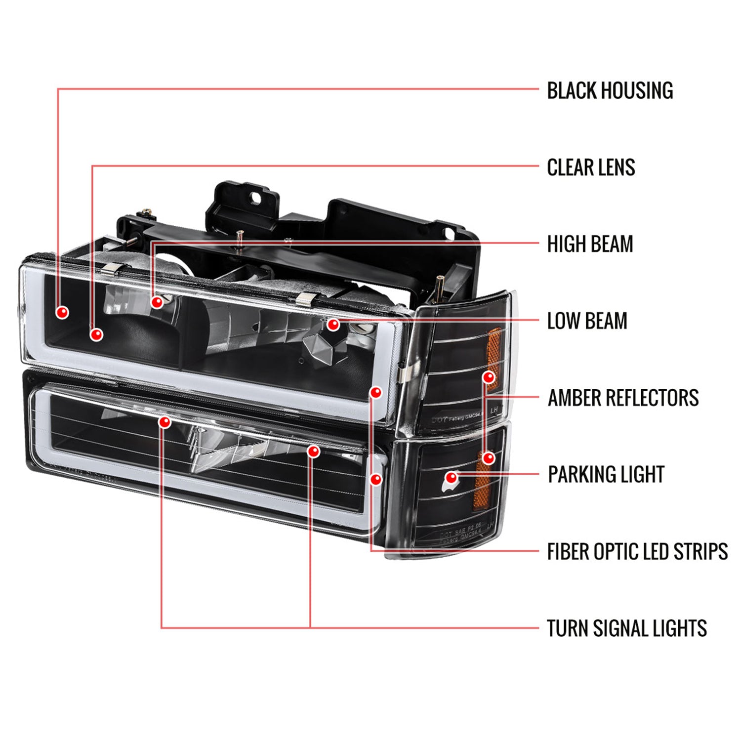 1994-1998 GMC C10/Sierra/Suburban/Yukon Headlights LED &Corner Lights Black