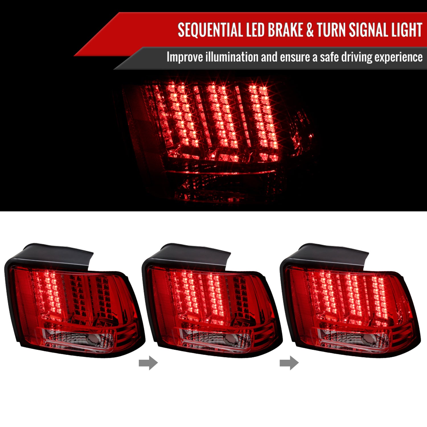 1999-2004 Ford Mustang Sequential LED Tail Lights - RS Chrome/Red Smoke Lens
