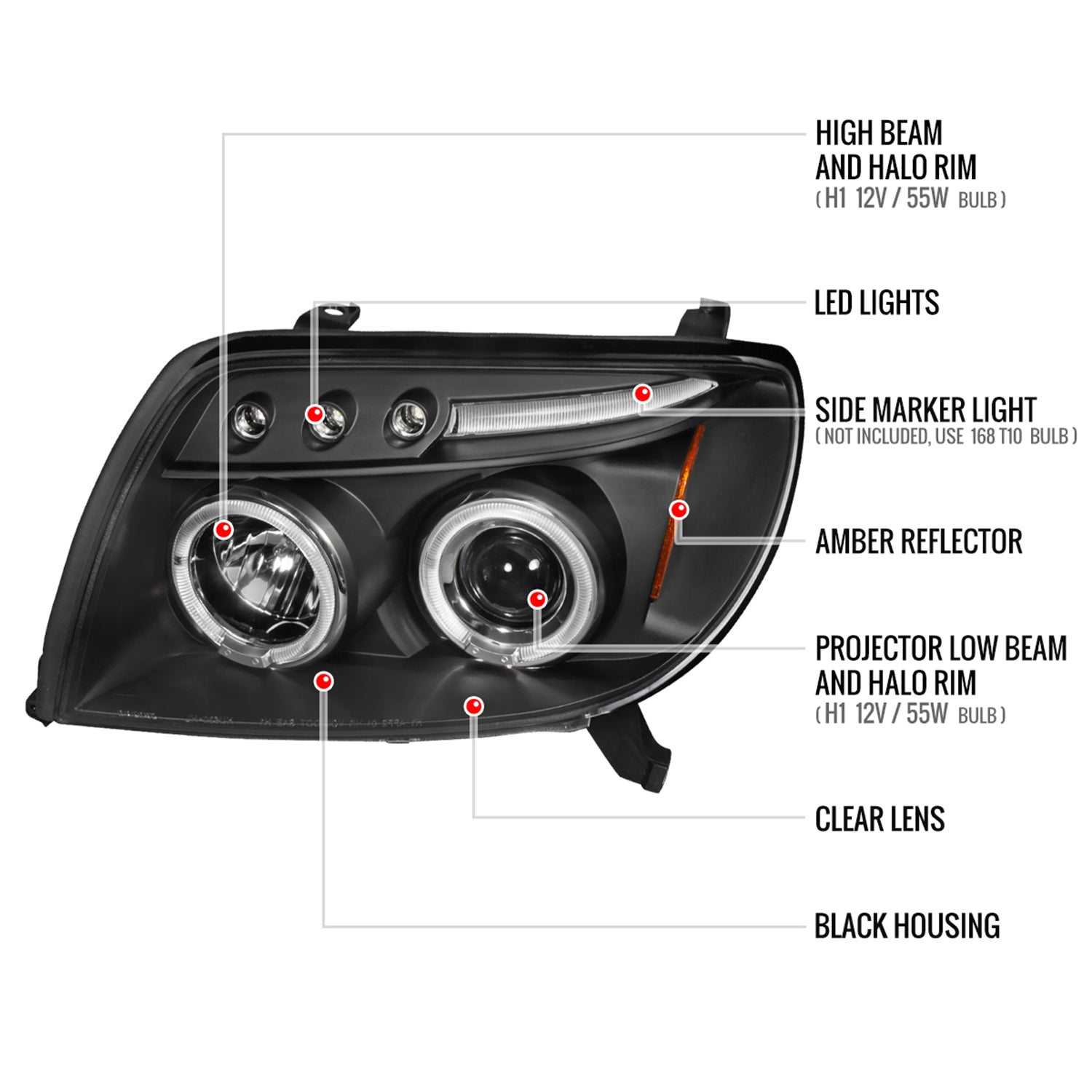 2003-2005 Toyota 4Runner Dual Halo Projector Headlights Matte Black/Clear Lens