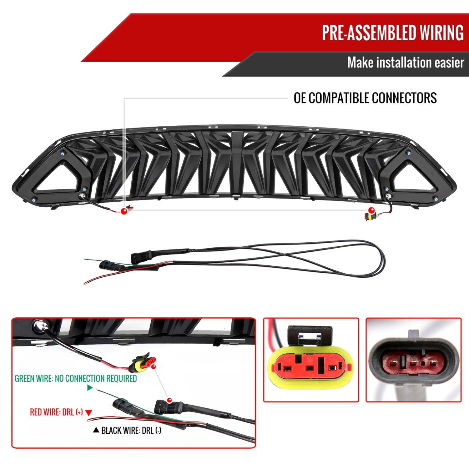 2018-2023 Ford Mustang Shark Hood Grille w/3D Smoke LED Turn Signal Lights