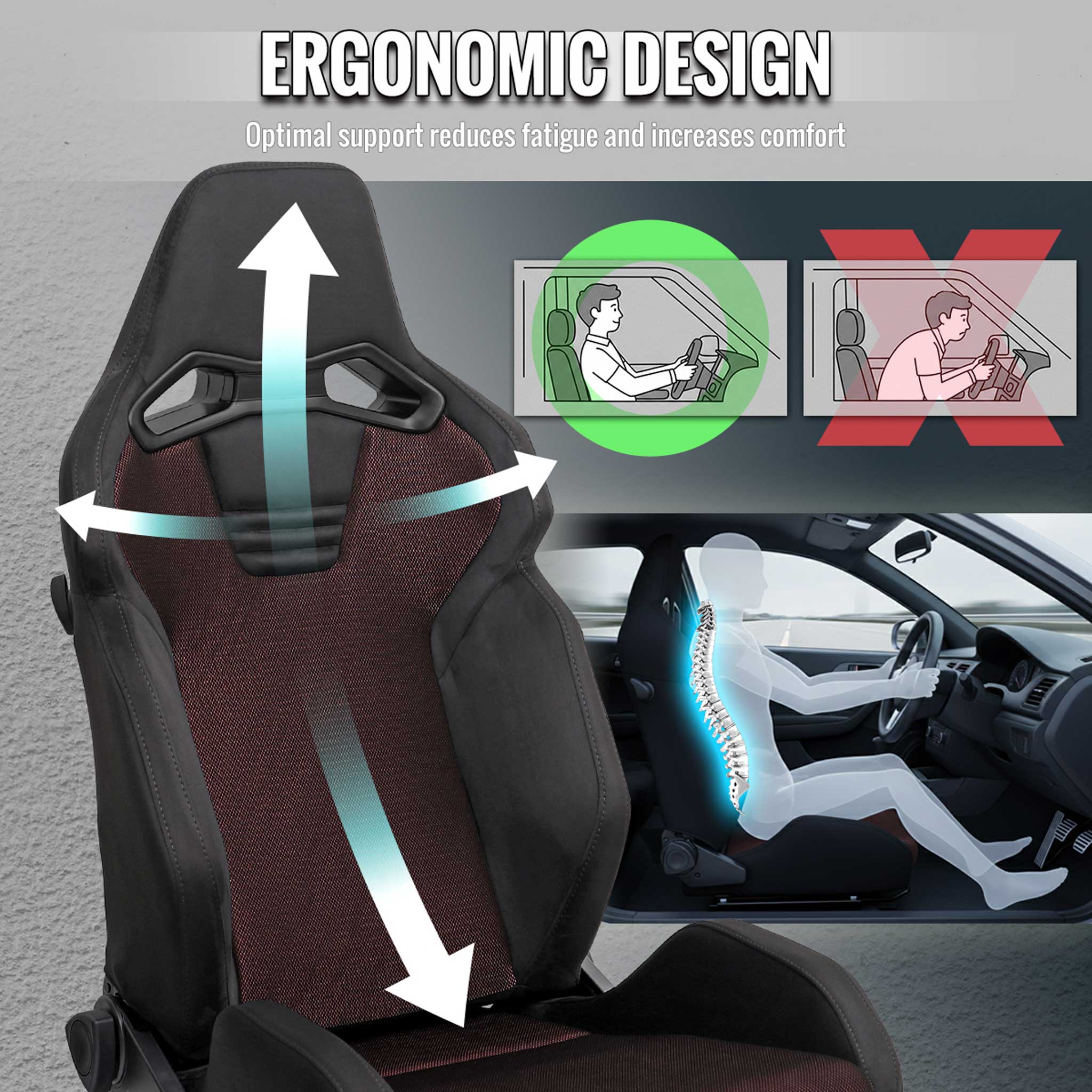 Universal Racing Seat Black Suede Red Bird Eye Mesh Cloth Double Black Stitch
