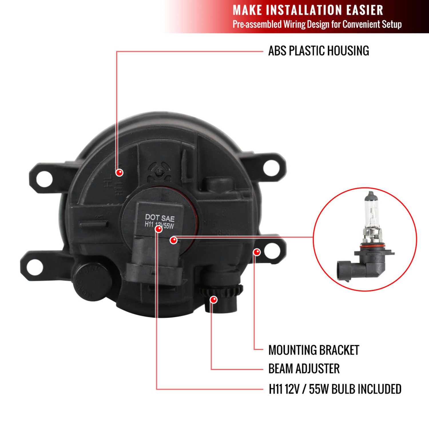 2008-2011 Toyota Highlander H11 Fog Lights Kit Switch & Wiring Harness Chrome