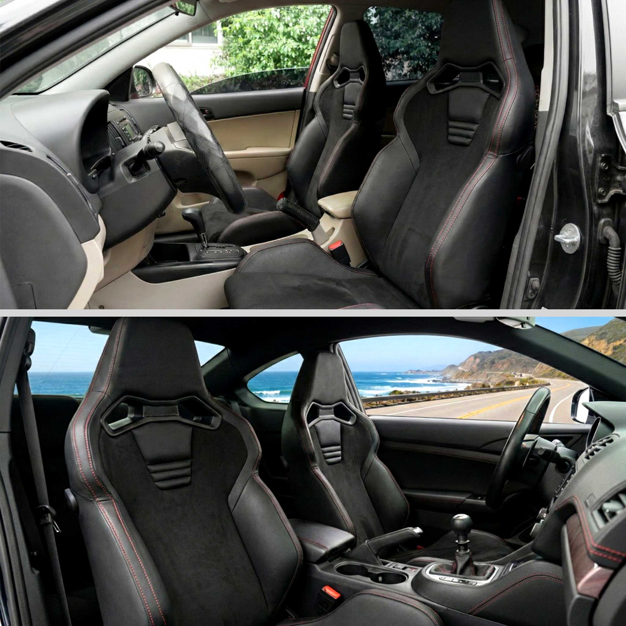 Universal Racing Seat Black Pu And Black Suede With Double Black Stitch