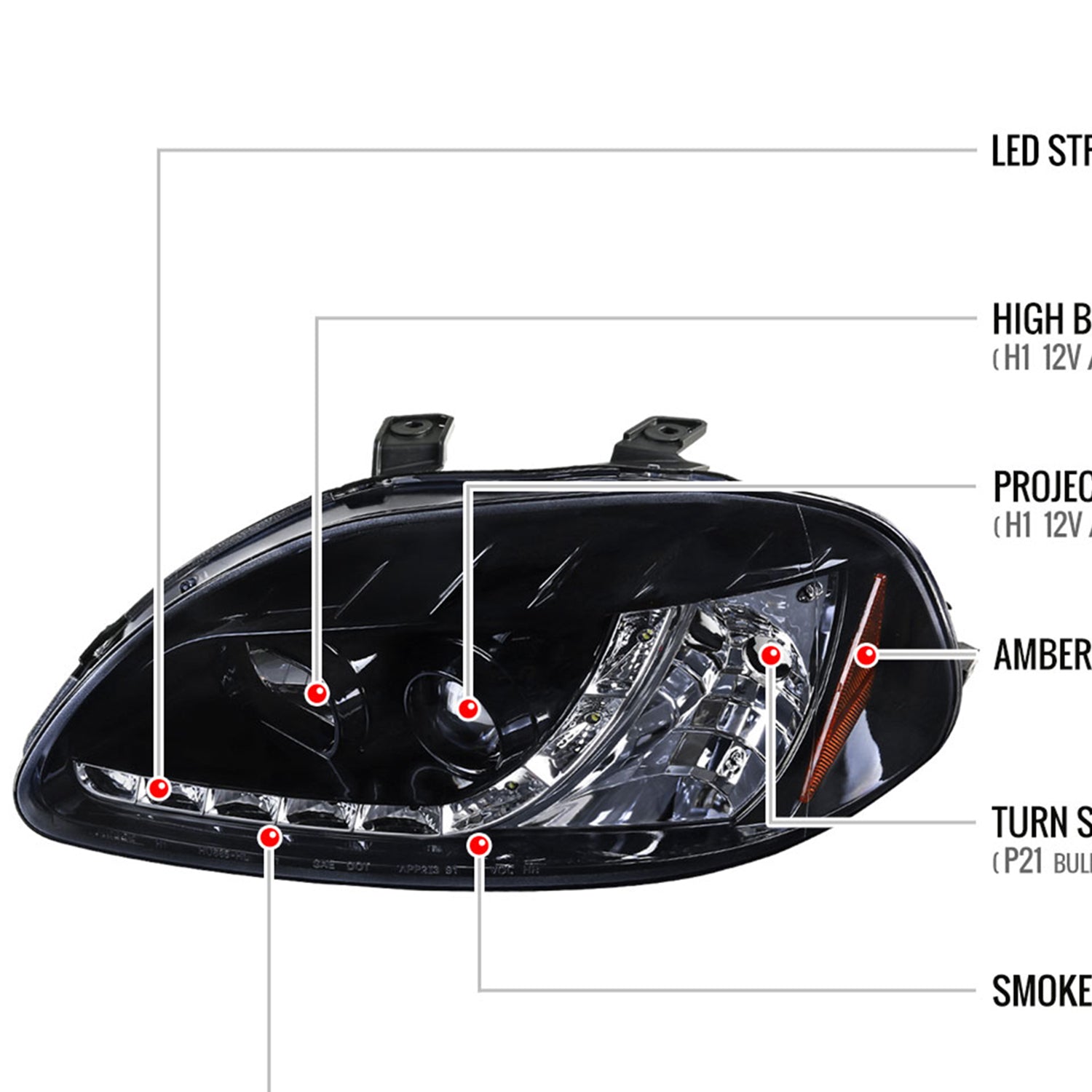 1996-1998 Honda Civic Projector Headlights R8 LED Light Black/Smoke Lens