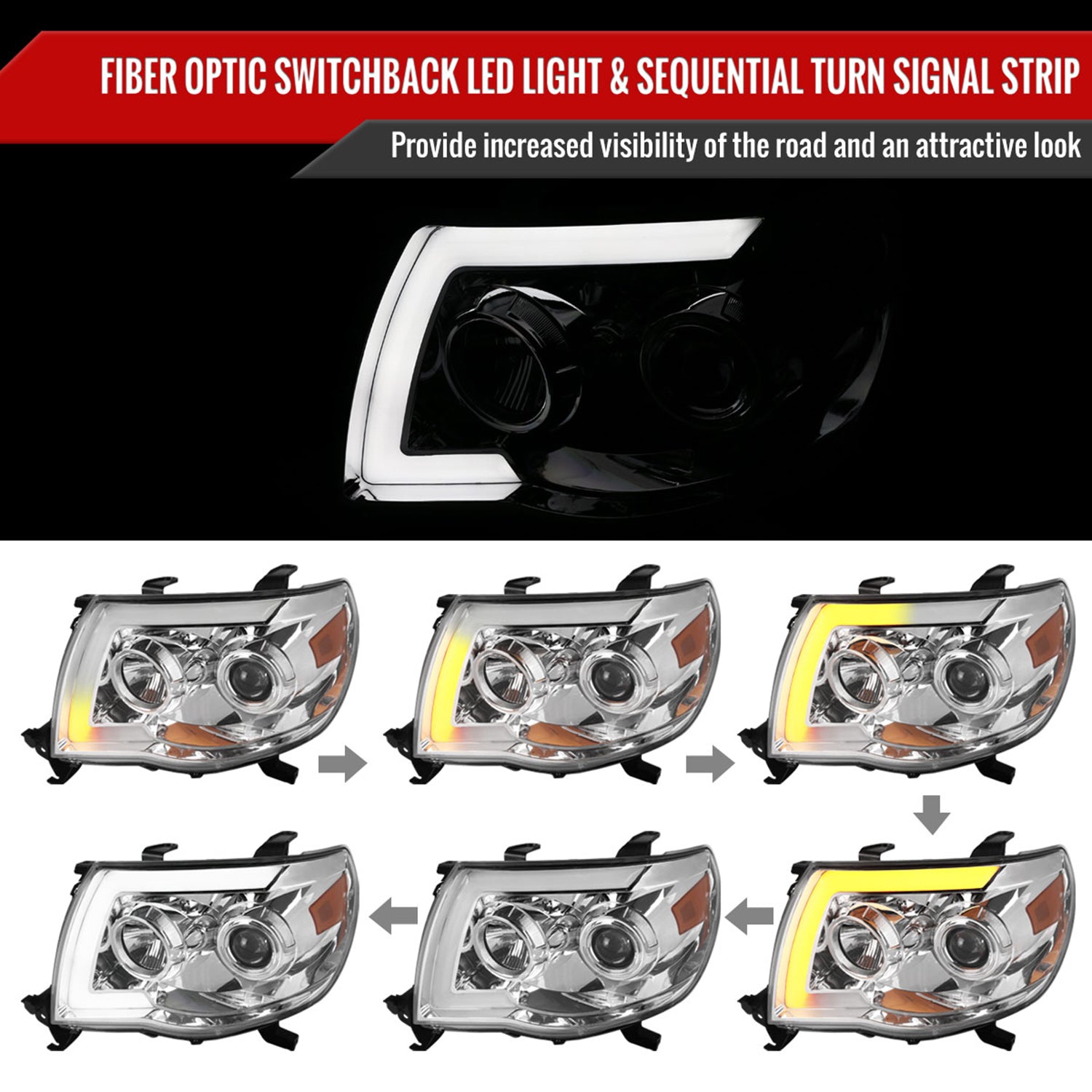 2005-2011 Toyota Tacoma LED Bar Projector Headlights Turn Signal Lights Chrome