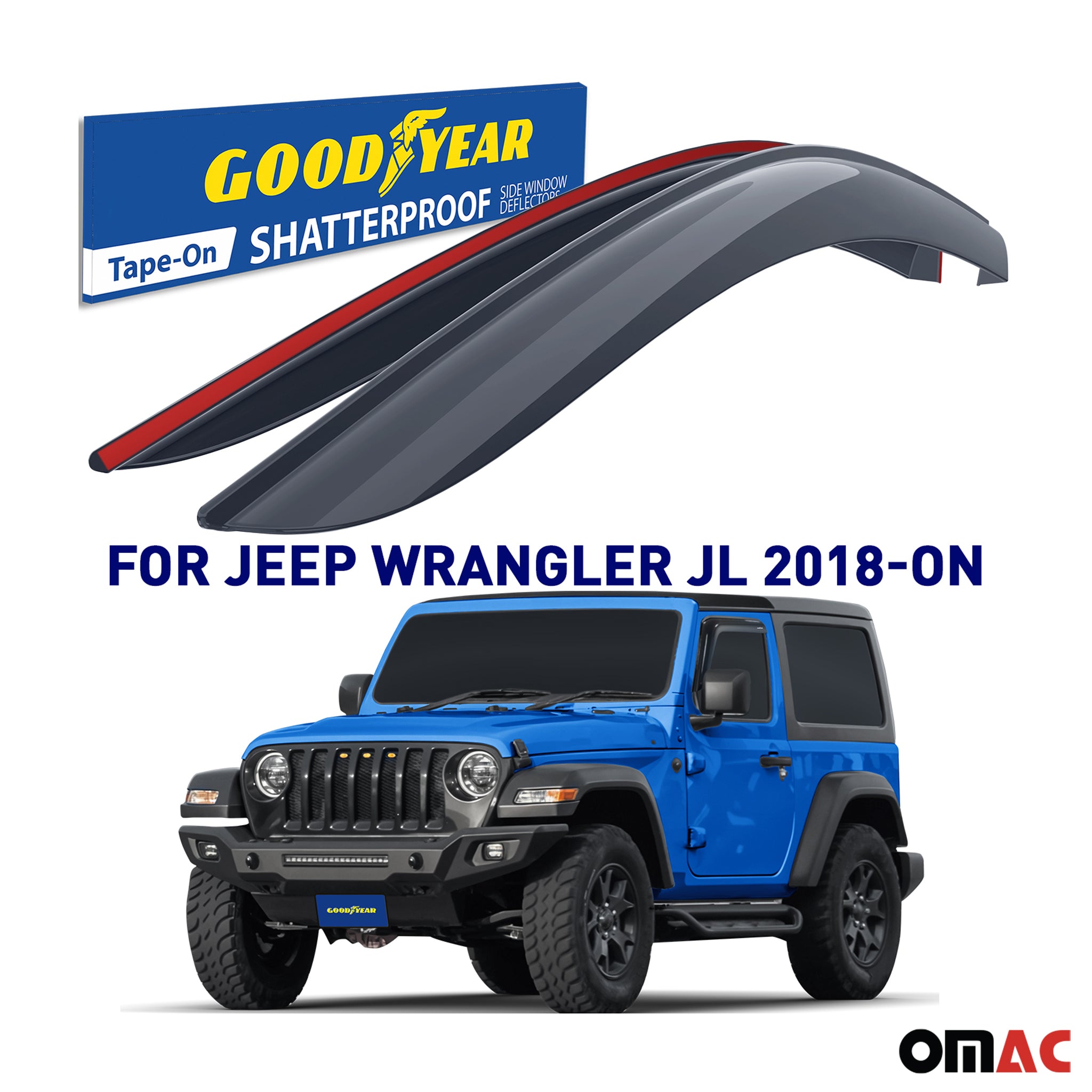 Goodyear Wind Deflectors for Jeep Wrangler 2018-2025 JL Tape-On Premium Smoke 2x
