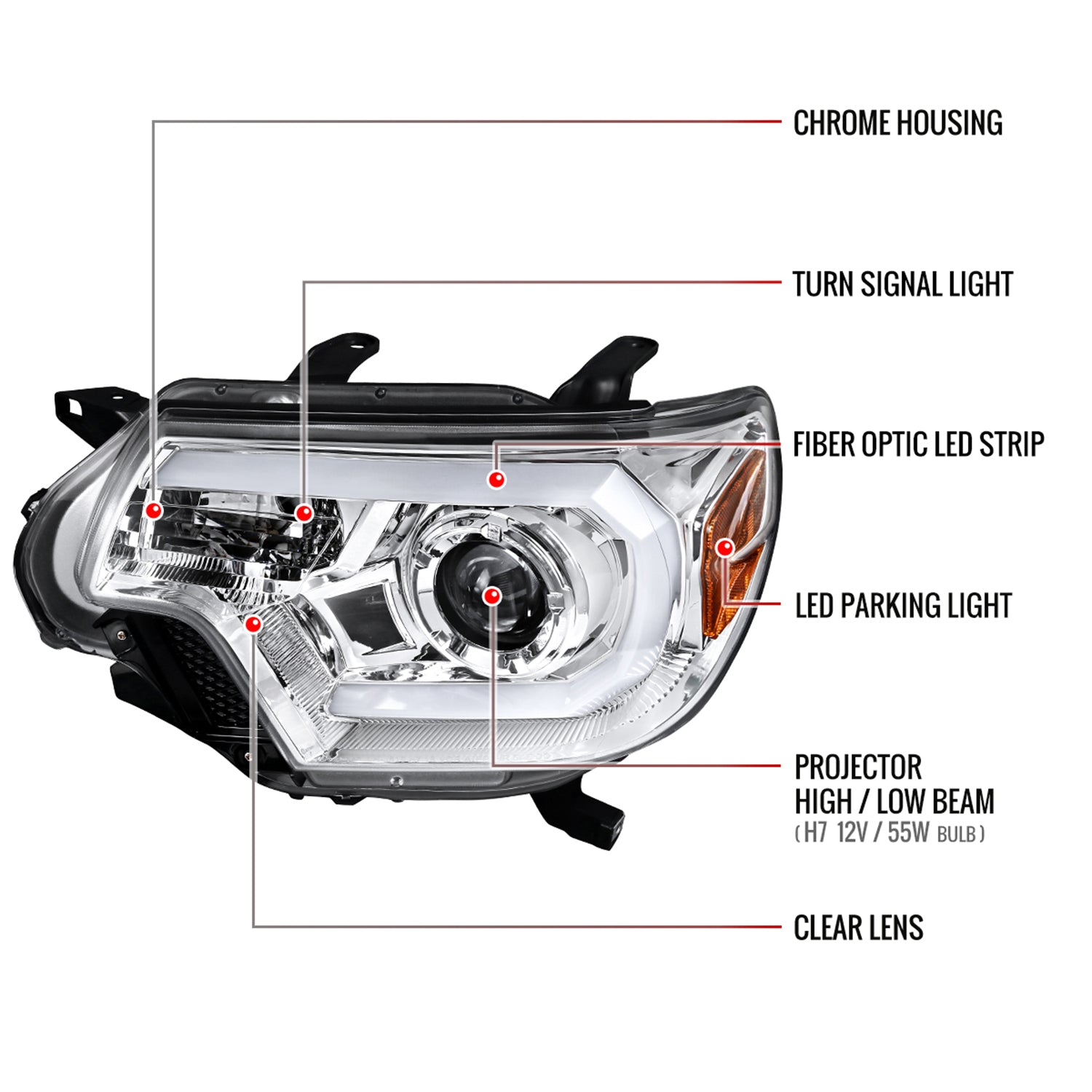 2012-2015 Toyota Tacoma LED C-Bar Projector Headlights Chrome/Clear Lens